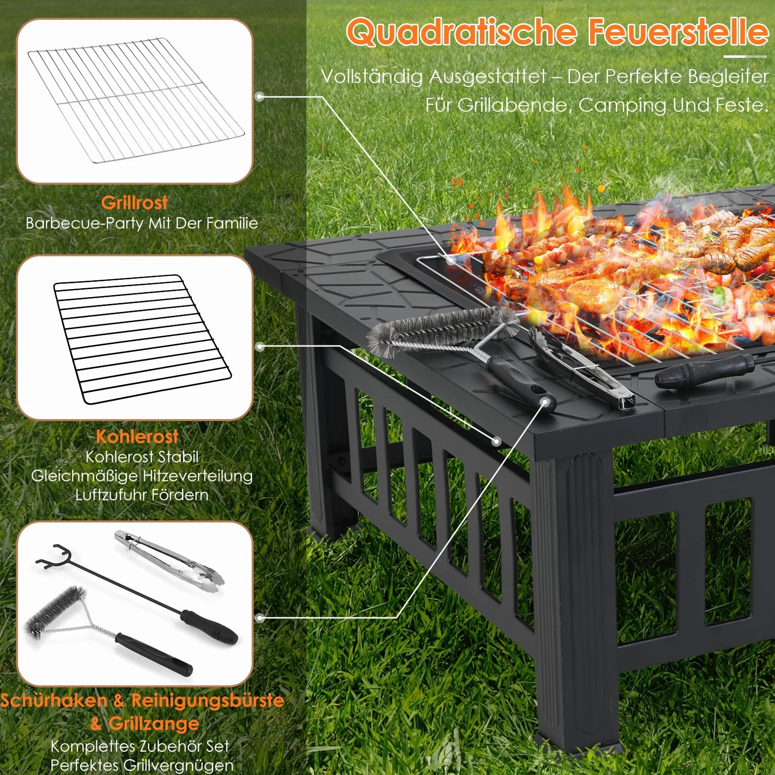 TLSUNNY Palenisko Z Rusztem Do Grillowania, 3 W 1, Z Ochroną Przed Iskrami, Kosz Paleniskowy Z Plandeką Przeciwdeszczową, Kwadratowy, Na Taras, Taras, Kemping, Ognisko, 81 X 81 X 45 cm