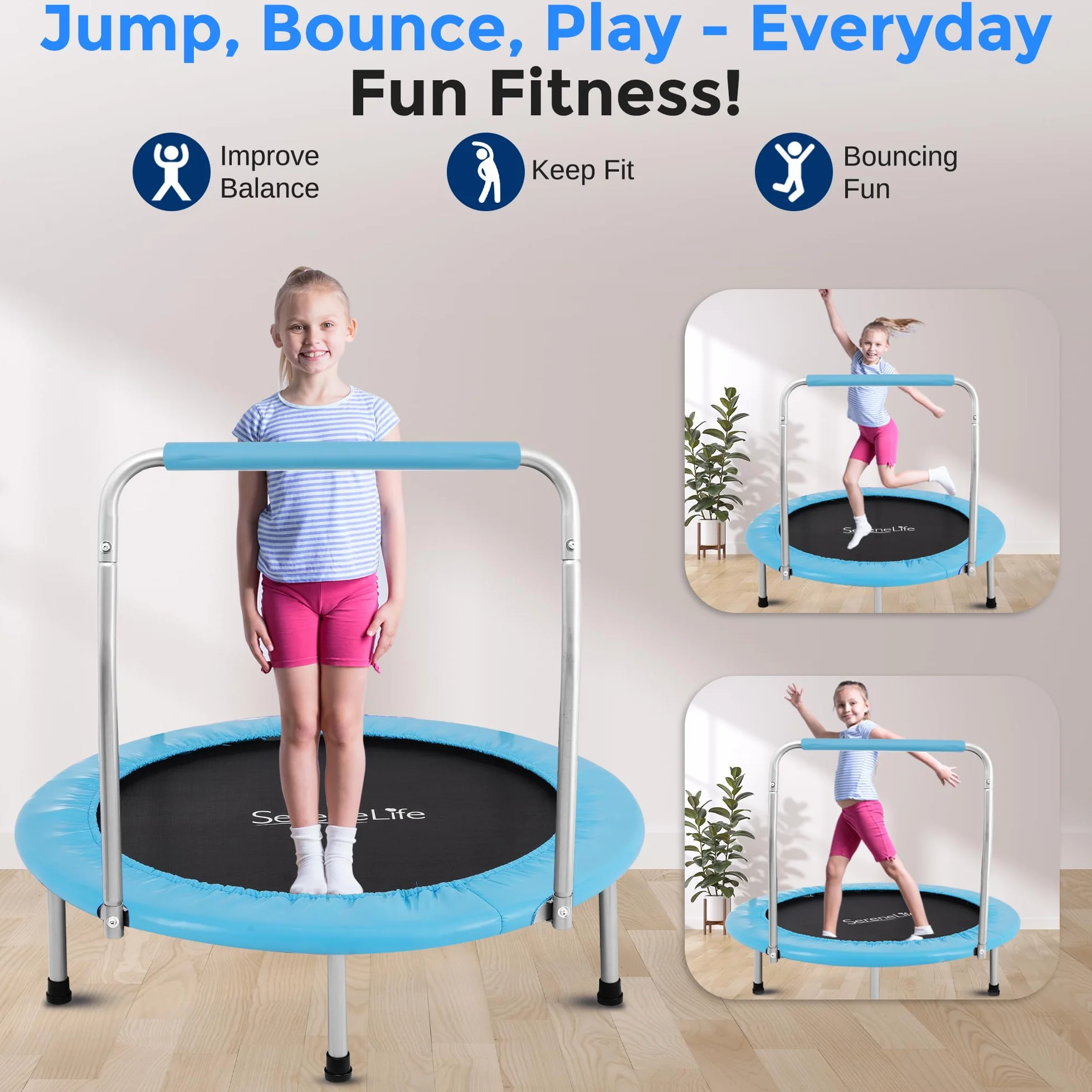 Serenelife przenośna trampolina fitness 36 cali do użytku wew. i zew. z wyściełaną ramą i kierownicą