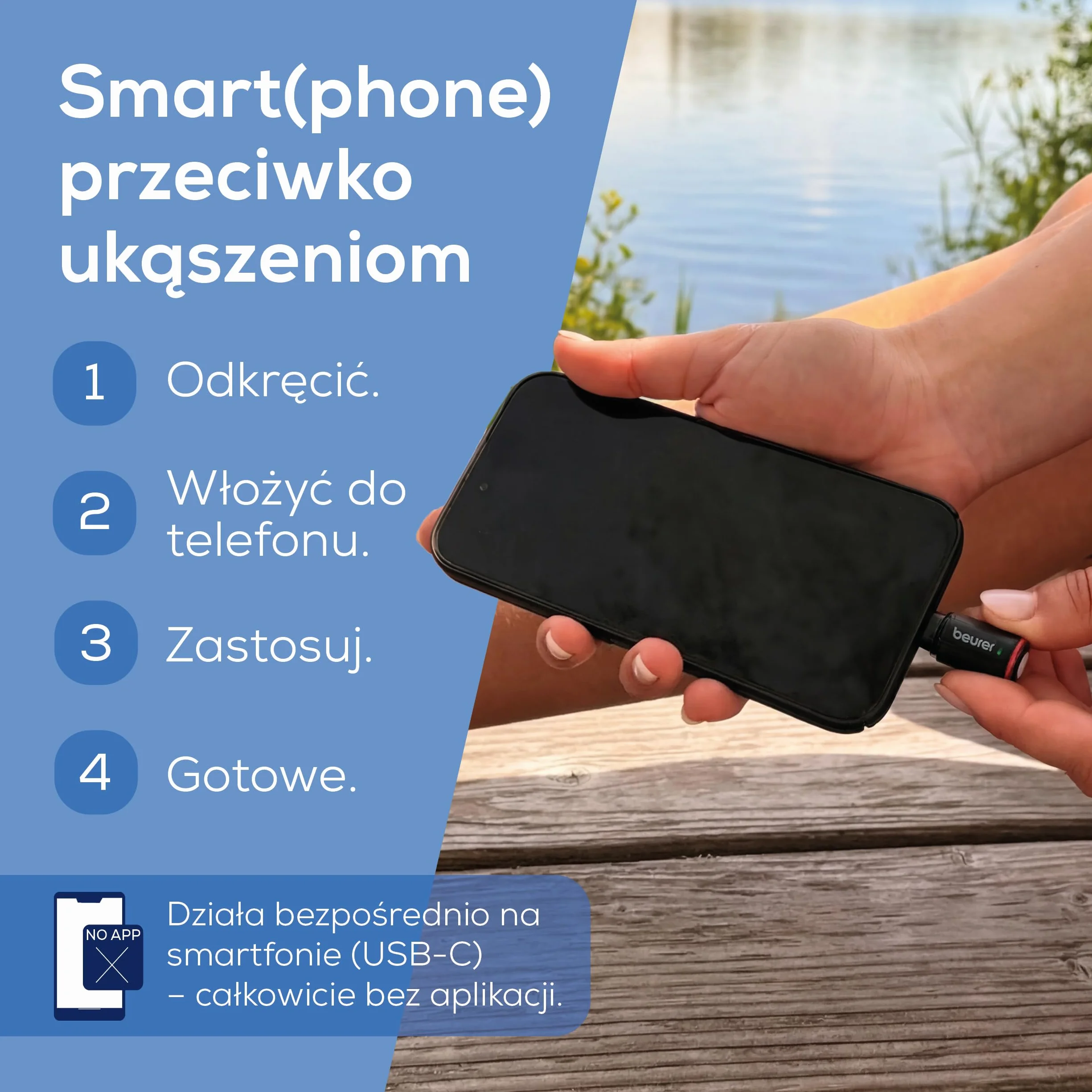 Beurer BiteX Go Deep Black środek na ukąszenia owadów do smartfona, do leczenia ukąszeń i użądleń owadów, łagodzi swędzenie, do telefonu dla Androida i iPhone (złącze USB-C), z światło