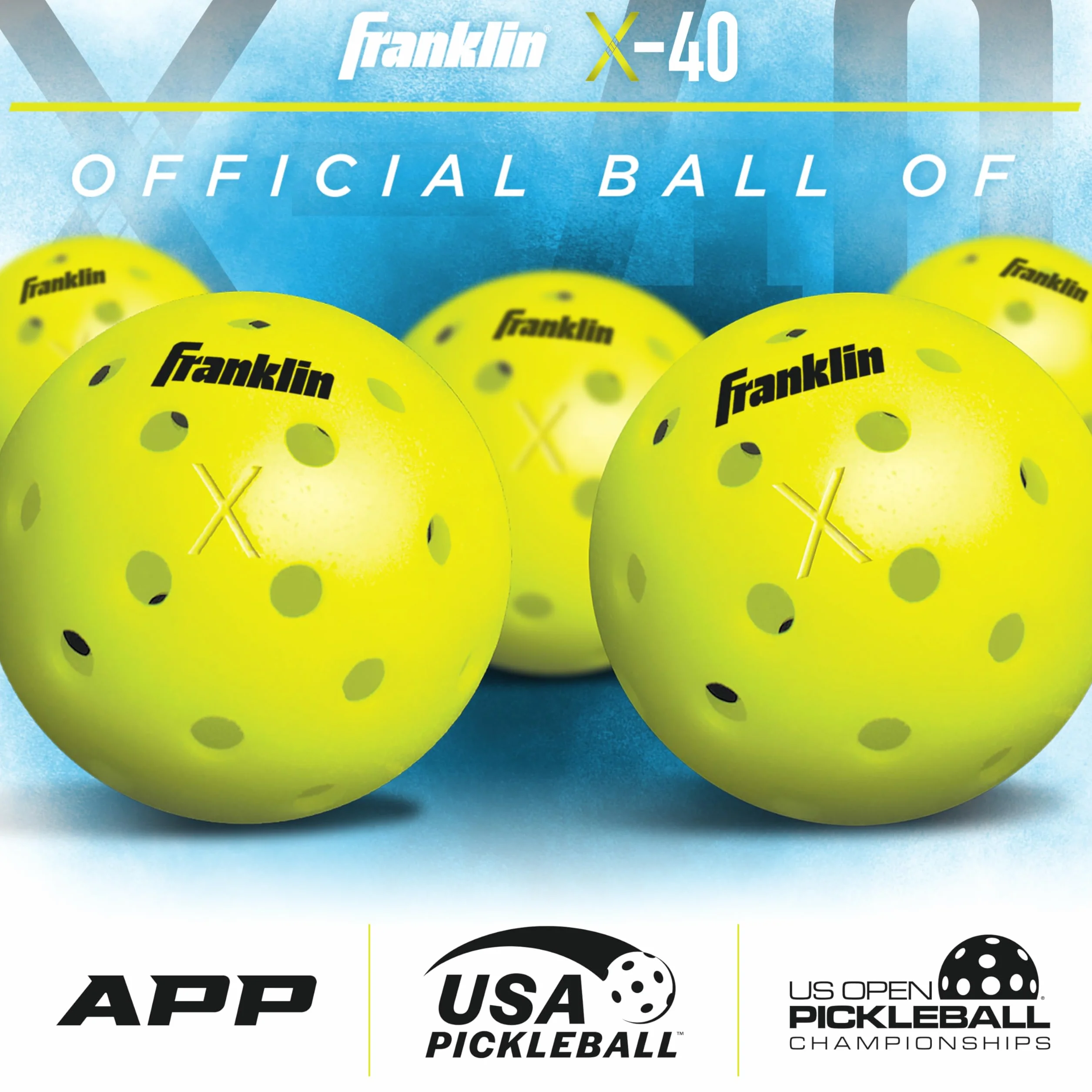 Franklin Sports Zestaw wioseł i piłek Pickleball - (2) rakiety do pikla z włókna szklanego + (4) X-40 Pickleballs - Zatwierdzone przez USA Pickleball (USAPA) - wiosła do pikla dla 2 graczy + zestaw