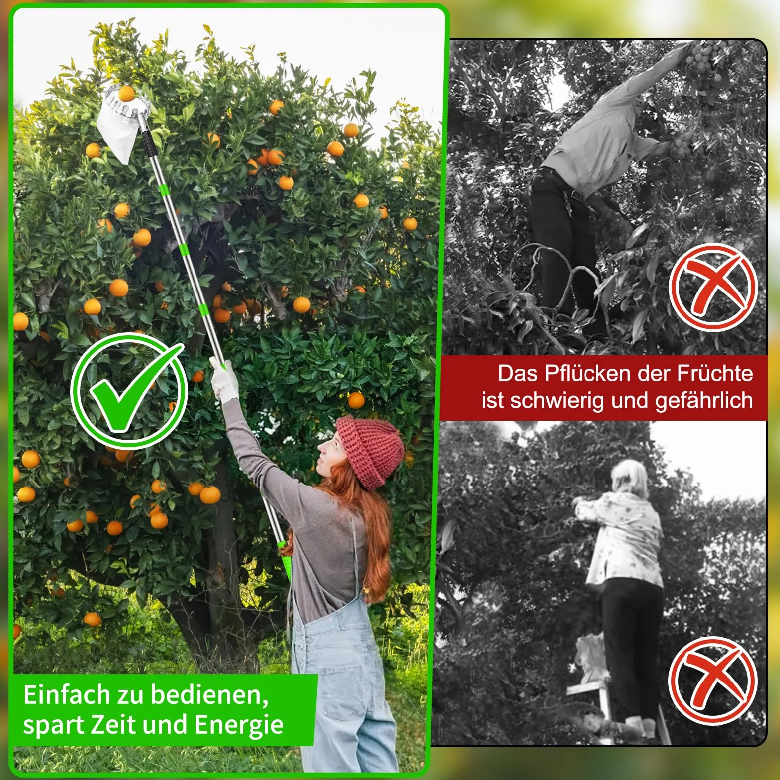 Dreamtop Zbieracz do owoców 4 m z trzonkiem teleskopowym, bardzo gruby worek do zbierania owoców, regulowany zbijak do wiśni, śliwek, z teleskopowym trzonkiem, stal szlachetna