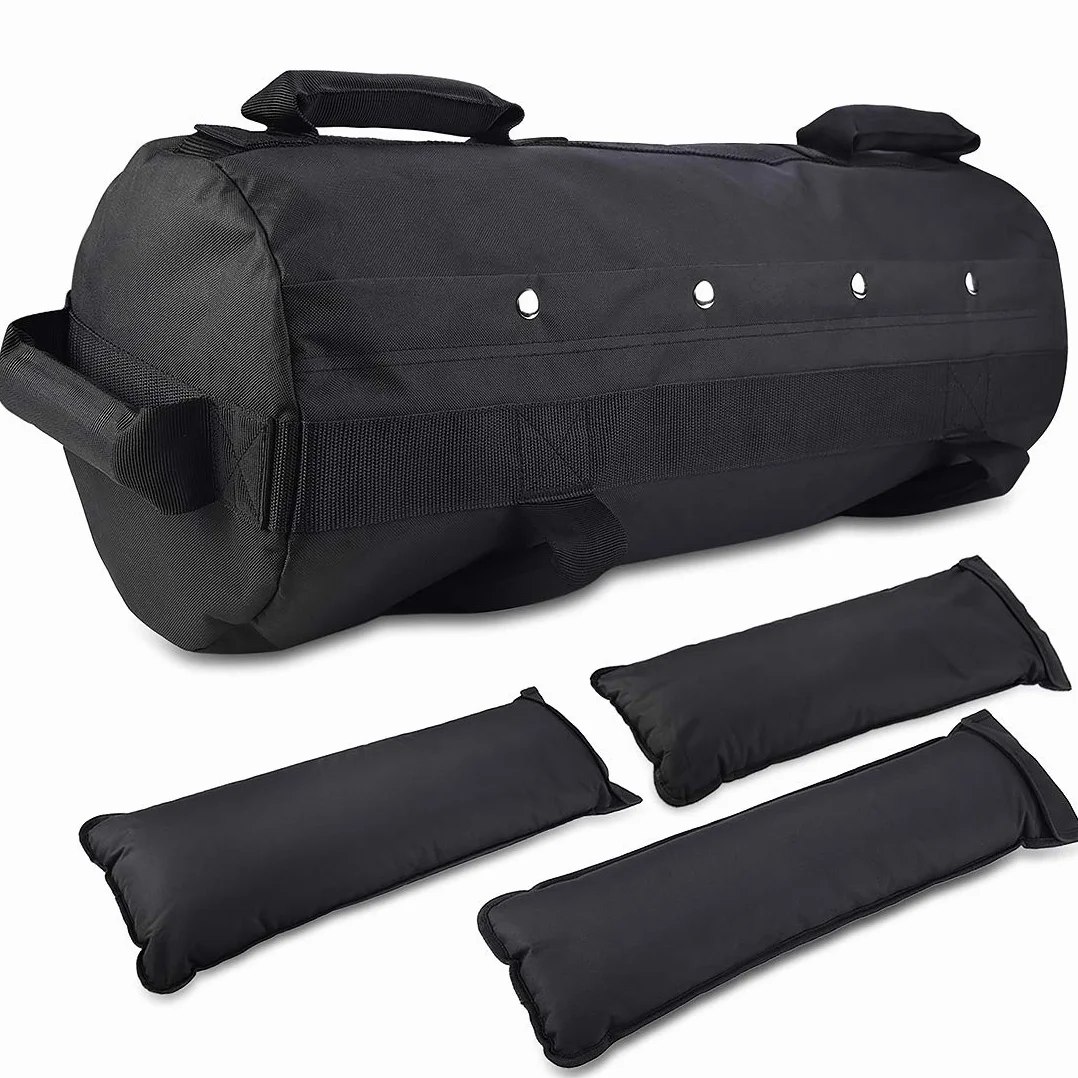 Jecxep Worek z piaskiem, regulowana torba treningowa do fitnessu i crossfitu, zestaw ciężkich ciężarków treningowych z 3 torbami wewnętrznymi, 6 uchwytami, czarna, nylon, 65 x 23 cm