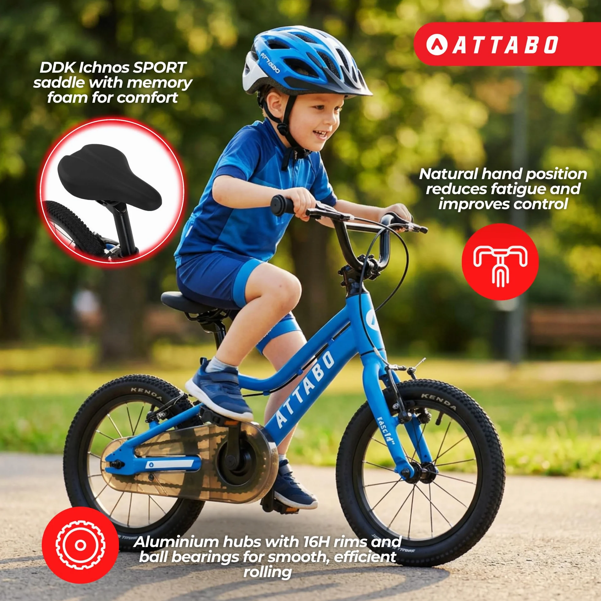 ATTABO Ease 14 – rower dziecięcy (2-5 lat) z lekką ramą aluminiową, koła 14", odpowiedni do wzrostu 85-110 cm, obciążenie tylko 7 kg, obciążenie do 50 kg, ergonomiczny i stabilny