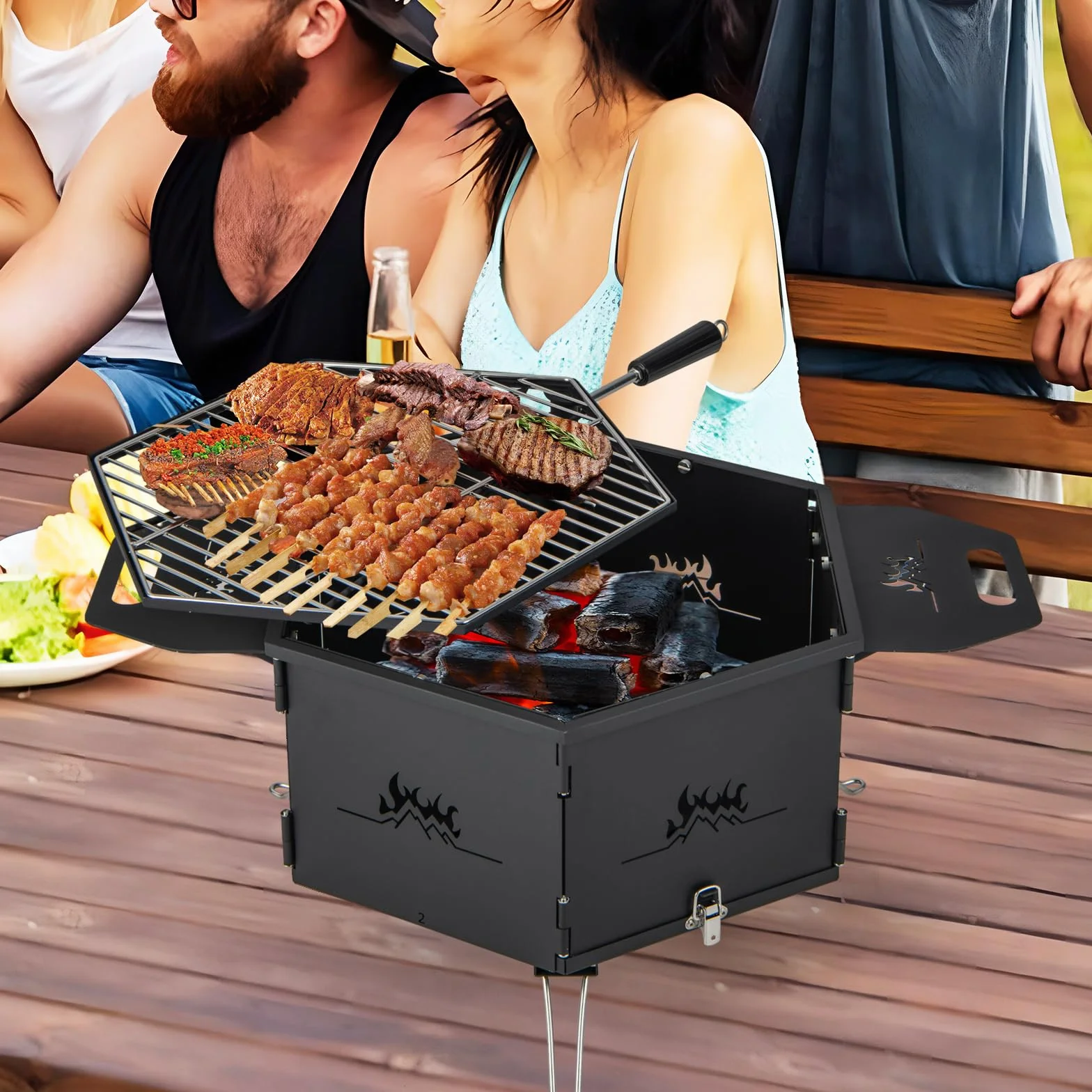 COSTWAY Duży grill na węgiel drzewny, obracany o 360°, palenisko 2 w 1, składany grill, grill kempingowy z uchwytami do gotowania i ogrzewania, na imprezy, kemping, wędrówki z plecakiem, 77 x 74 x 38
