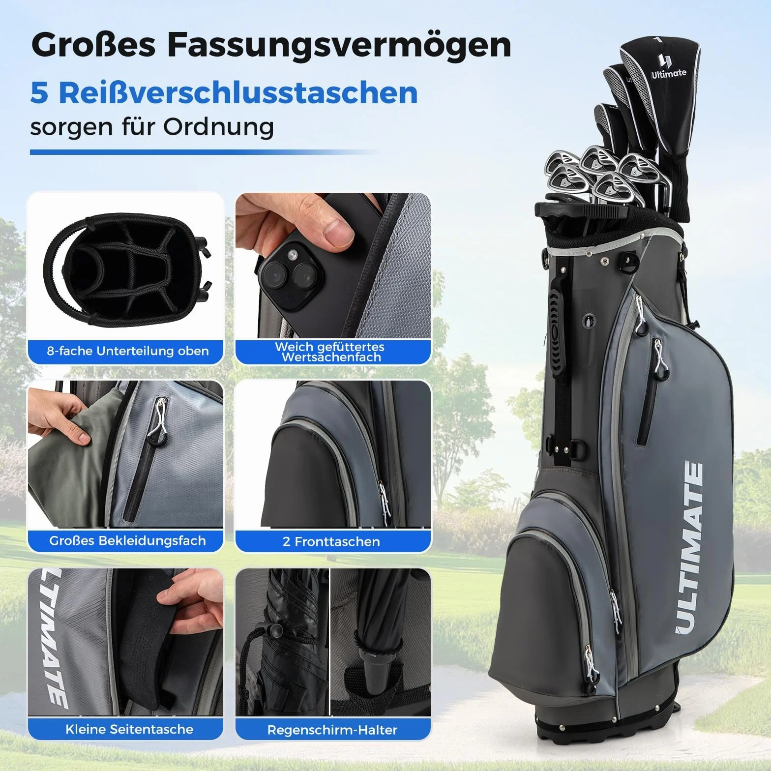 COSTWAY Kompletny zestaw kijów golfowych dla mężczyzn, 9-częściowy zestaw kijów golfowych dla praworęcznych z torbą i osłoną przeciwdeszczową, zestaw golfowy z 1 Driver i 3 Fairway i 4 Hybrid & 6/7/8