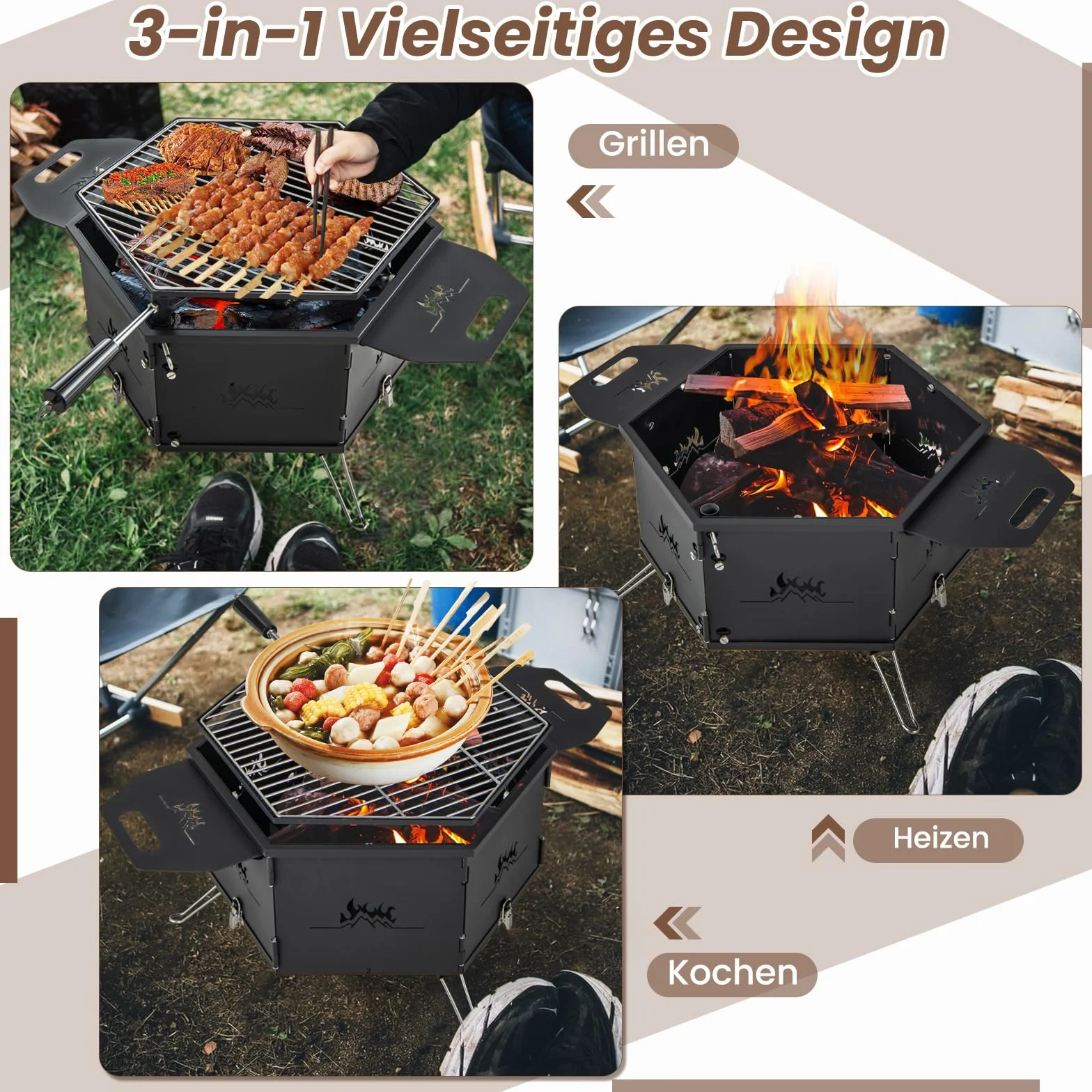COSTWAY Duży grill na węgiel drzewny, obracany o 360°, palenisko 2 w 1, składany grill, grill kempingowy z uchwytami do gotowania i ogrzewania, na imprezy, kemping, wędrówki z plecakiem, 77 x 74 x 38