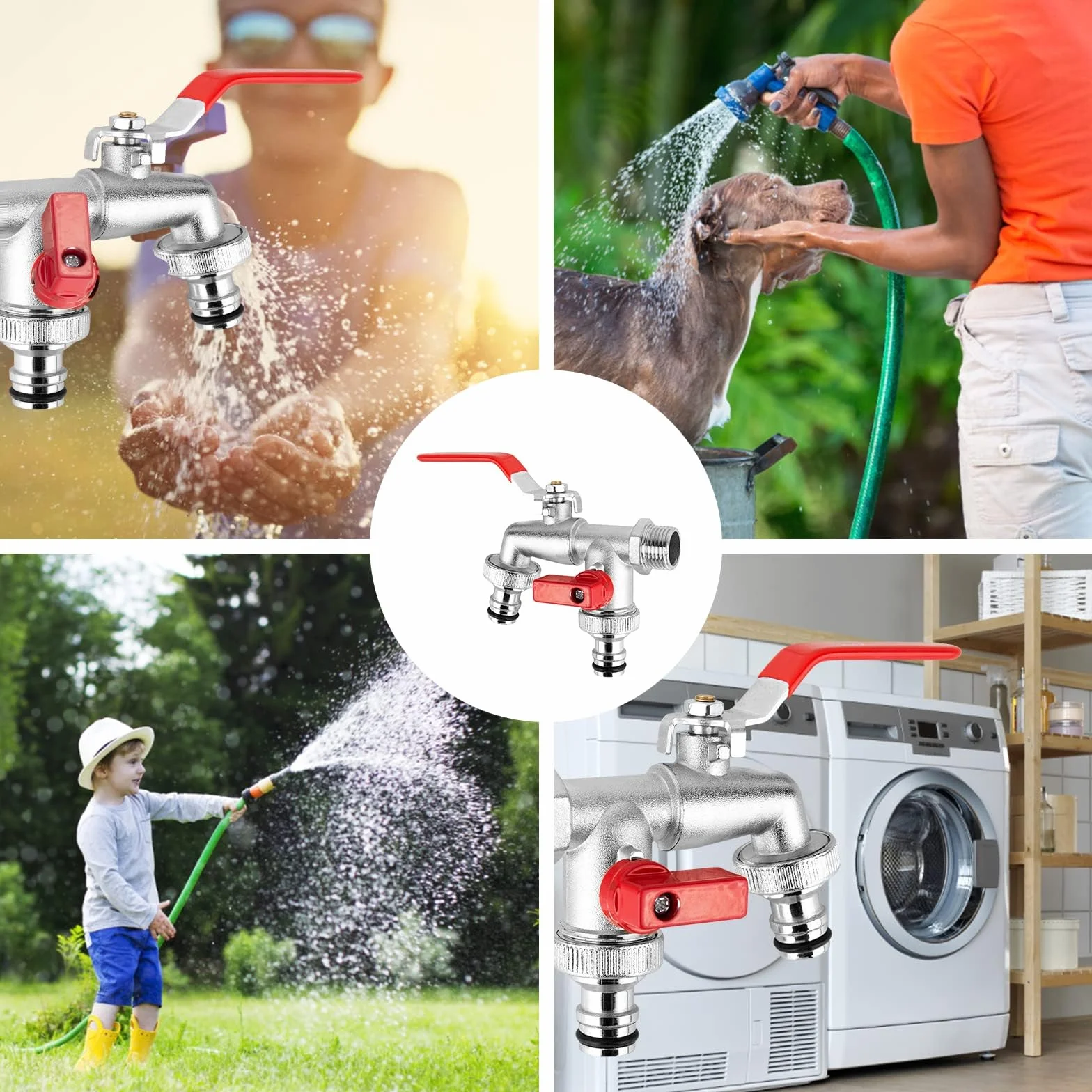 Podwójny kran ogrodowy 1/2 i 3/4 cala z 2 pierścieniami uszczelniającymi i taśmą uszczelniającą - mosiądz do ogrodu i domu