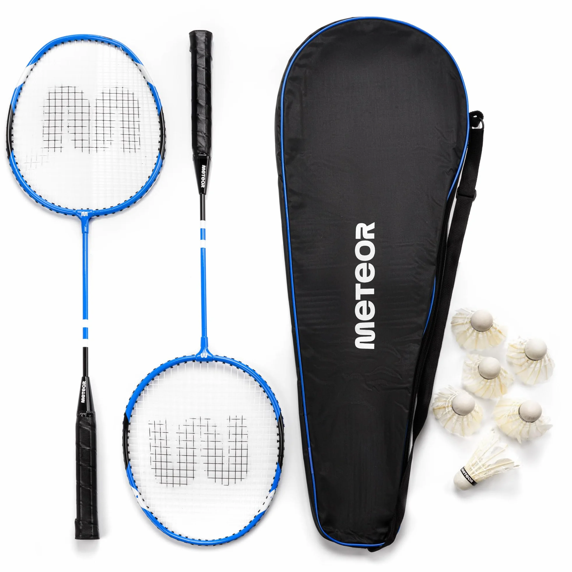 Zestaw do badmintona dla 2 osób Set rakietki badminton paletki aluminiowe do ogrodu Łatwy montaż dla dorosłych dzieci młodzieży rodziny z 6 lotkami METEOR
