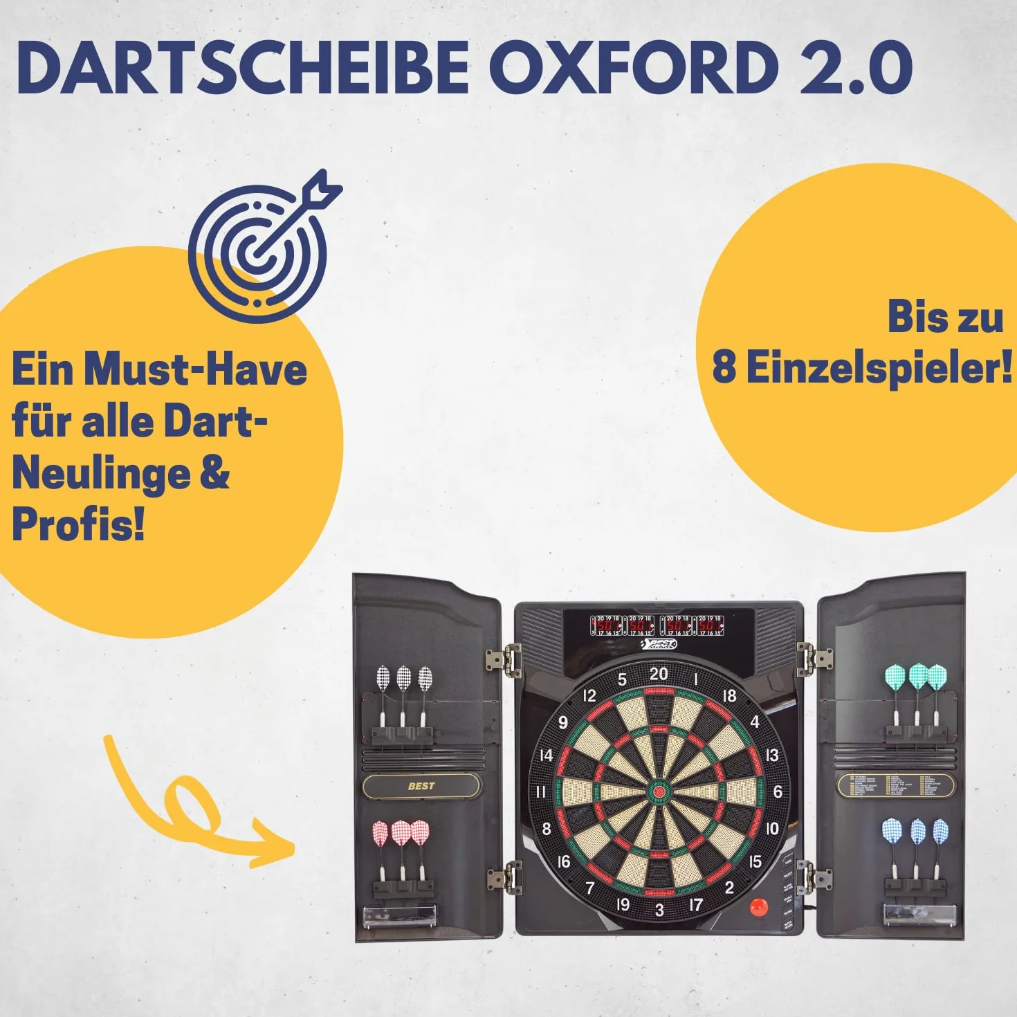 Best Sporting elektroniczna tarcza do darta Oxford 2.0 I elektroniczna tarcza do darta ze wskaźnikami LED I tarcza do darta z 12 rzutkami i zapasowymi końcówkami, szafka o wyglądzie orzecha włoskiego