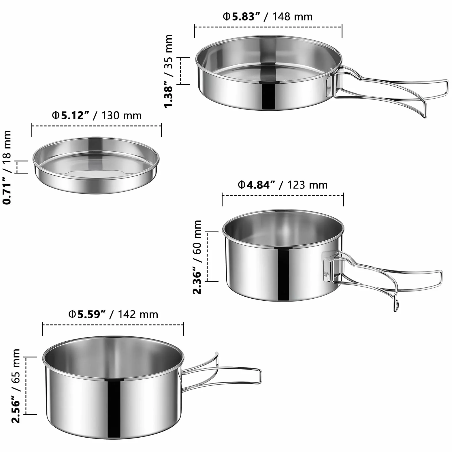 Zestaw naczyń kempingowych 4-częściowy stal nierdzewna 304 garnki 900 ml 600 ml patelnia 450 ml talerze 200 ml