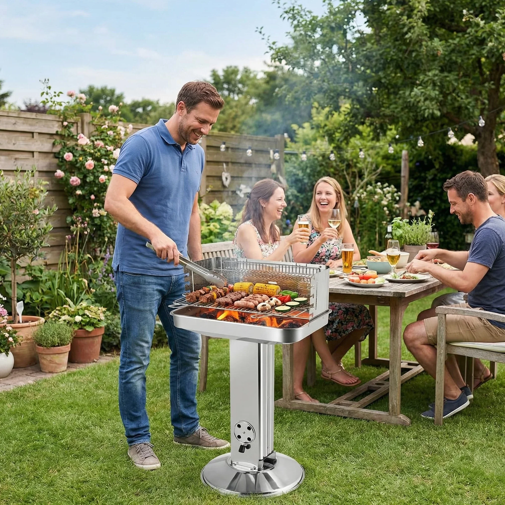 Grill na węgiel drzewny, stal nierdzewna, grill kolumnowy, grill na kemping, plażę, do ogrodu, na imprezę, z rusztem do grillowania z 5-stopniową regulacją wysokości, kosz do przechowywania, pojemnik