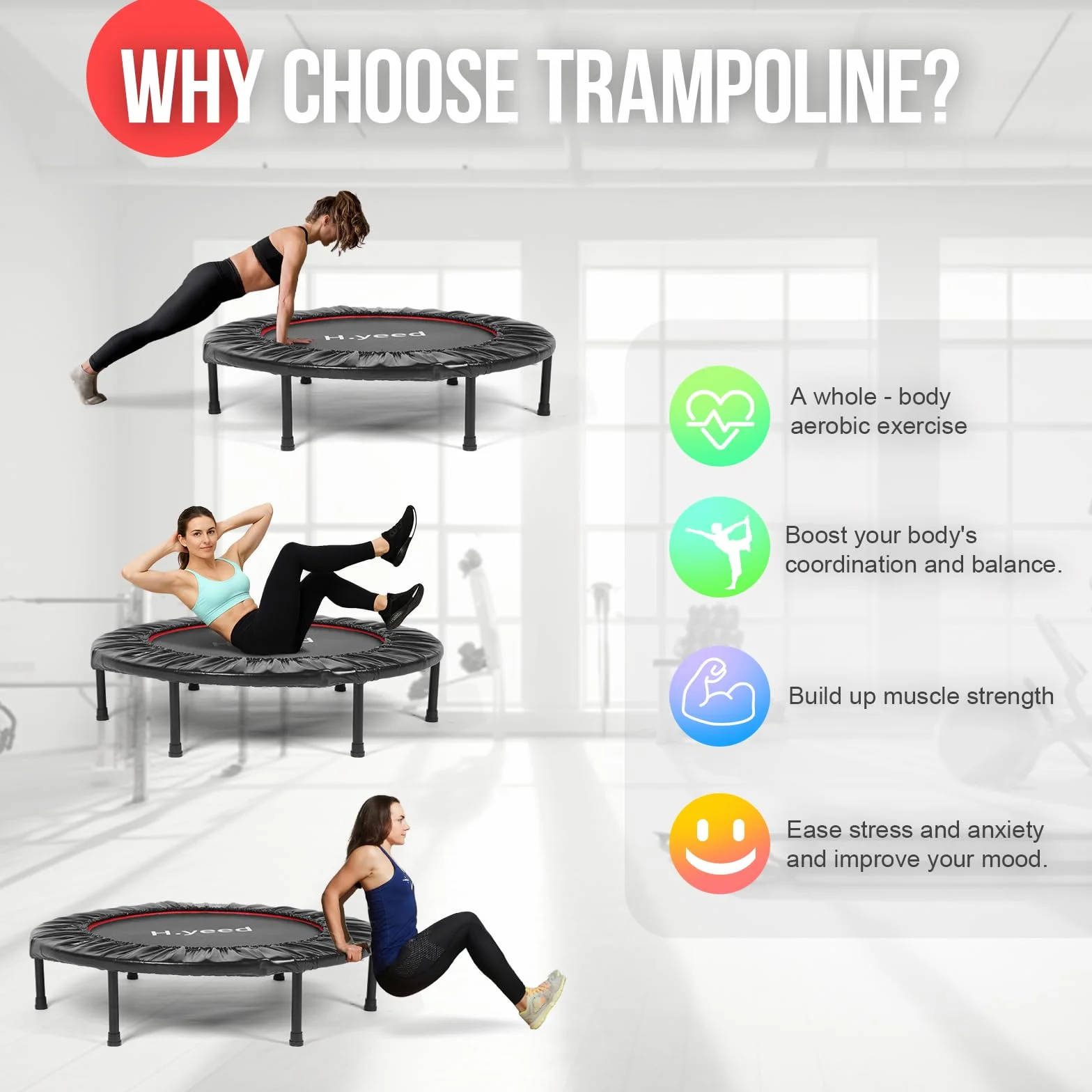 H.yeed Składana trampolina fitness dla dorosłych, maksymalne obciążenie 100 kg