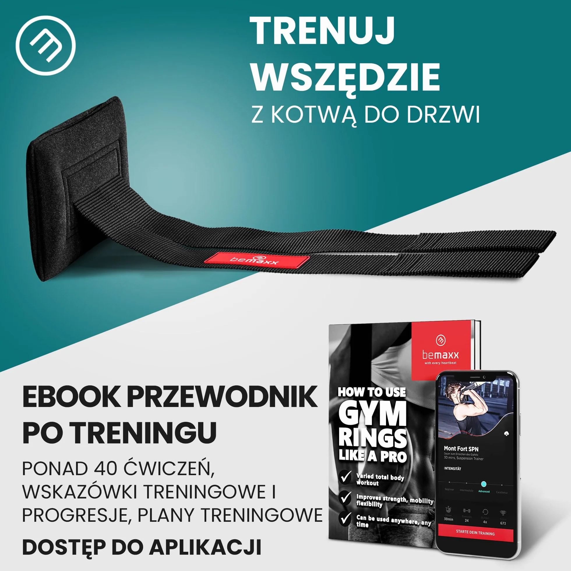 Zestaw pierścieni gimnastycznych drewno + mocowanie do kotwicy drzwi, e-book do ćwiczeń i regulowane paski bezpieczeństwa + oznaczenia długości | Drewniane olimpijskie siłownia gimnastyka atletyczna fitness | sprzęt do treningu mięśni domowego