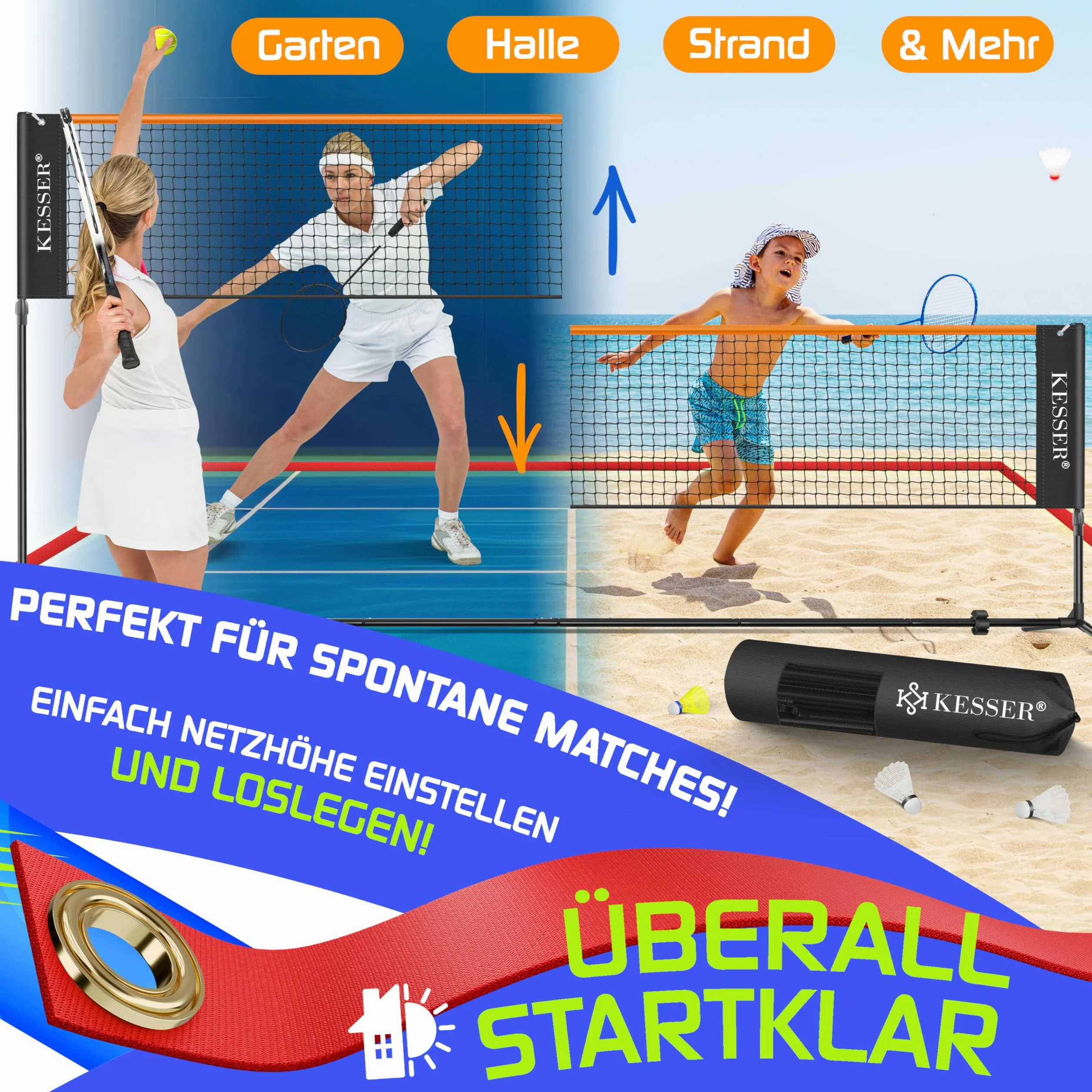 KESSER® Siatka do badmintona, siatka tenisowa, 300 cm, 400 cm, 500 cm, 3-stopniowa regulacja wysokości, zestaw składa się z siatki, 3 lotki, stabilnej ramy z żelaza, torby transportowej, wewnątrz i na
