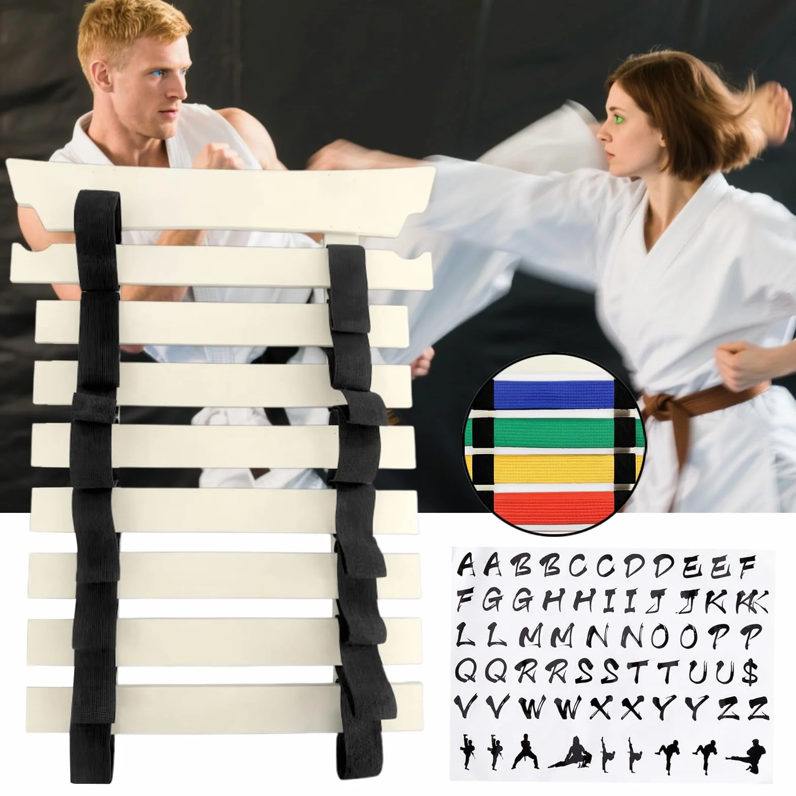 Stojak Na Pasy Karate - Stojak do Eksponowania Pasów Sztuk Walki z Wieszakiem i Naklejkami - Bez Montażu Na Sprzęt Sportowy Dla Dzieci I Dorosłych