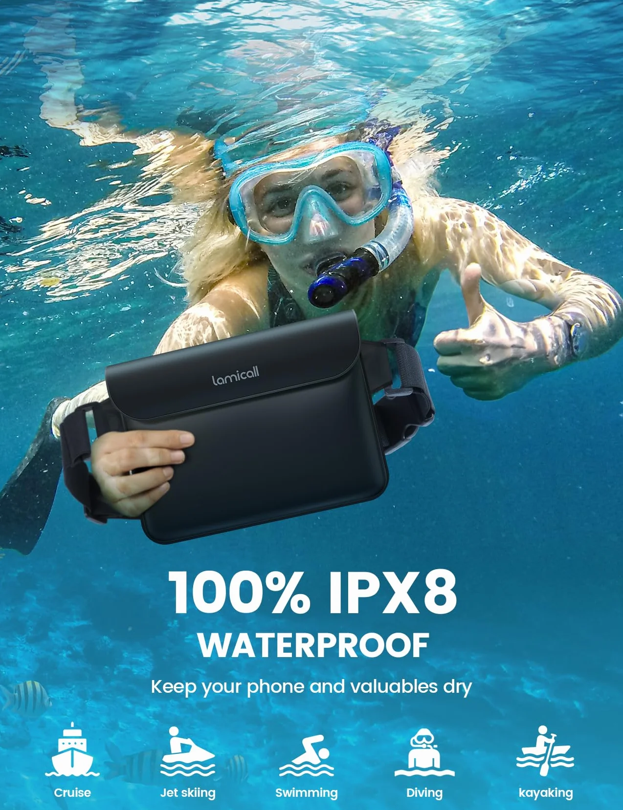 Lamicall Wodoszczelna torba IPX8 - [2 szt.] Wodoszczelna Torebka Pasa z Regulowalnym Pasek, [Szybka Otwarcie] dla Plaży, Pływania, Żeglugi, Rybyctwa, Kajakingu, Turystyki, Dostępna dla 8,7" - Czarny