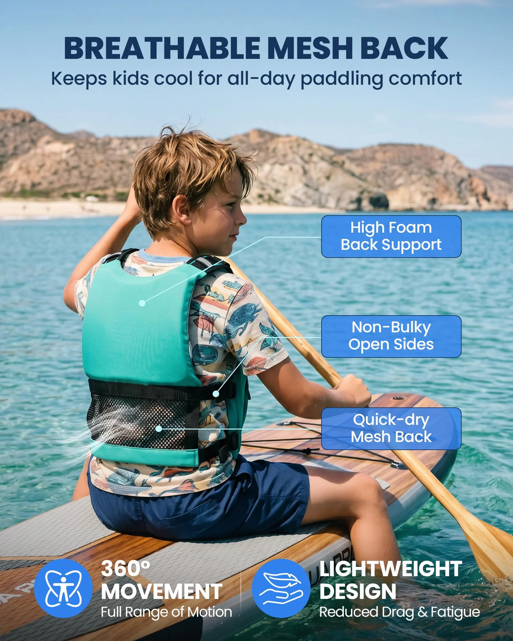 Owntop Kamizelka ratunkowa dla młodzieży, 30-50 kg, pomoc do pływania dla dzieci z gwizdkiem, oddychająca siateczkowa tylna część i torba, regulowana kamizelka wypornościowa z neoprenu, do pływania