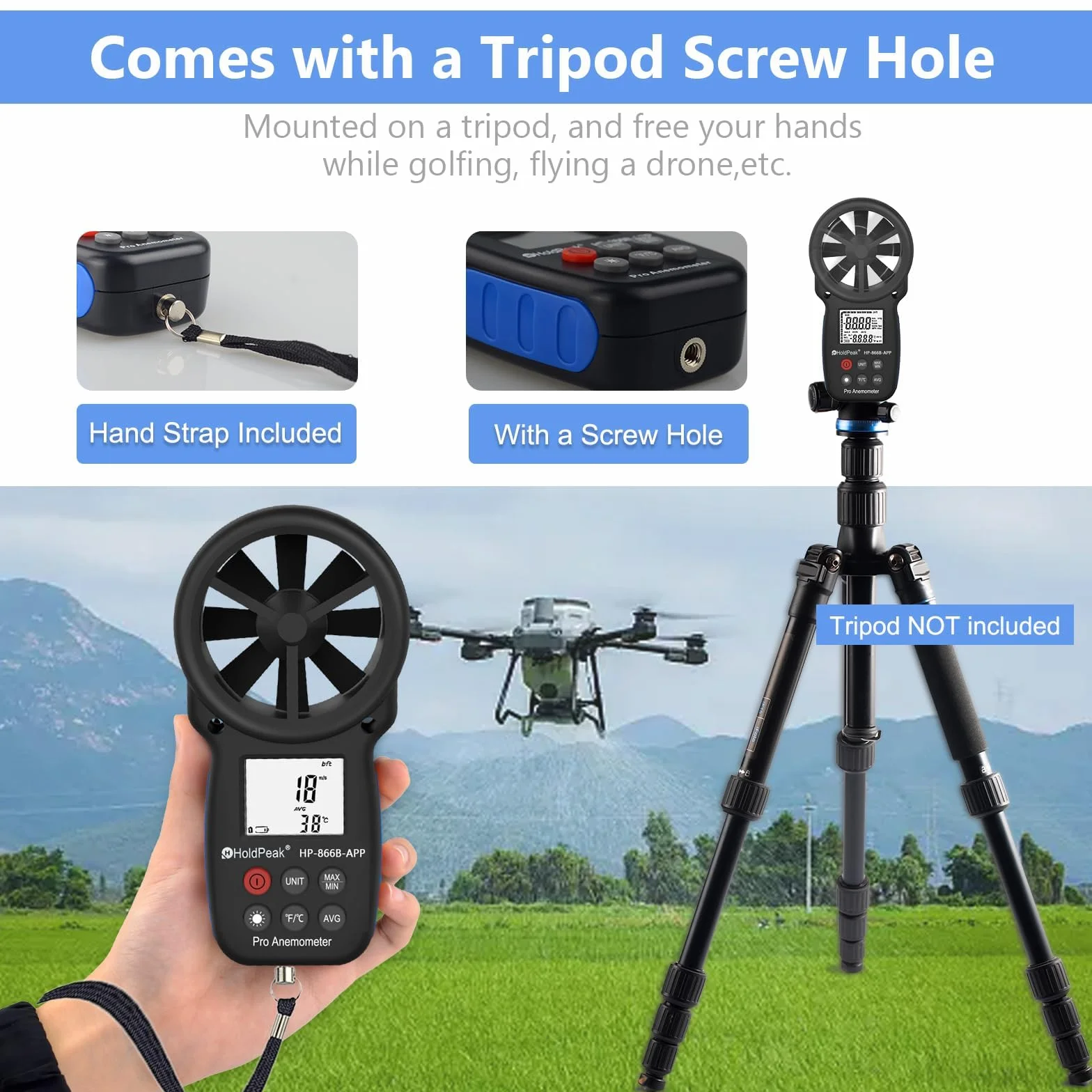 HoldPeak Cyfrowy anemometr HP-866B-APP Prędkość wiatru z bezprzewodowym połączeniem Bluetooth do pomiaru temperatury wiatru, nawigacji w locie, strzelanie, żeglarstwie