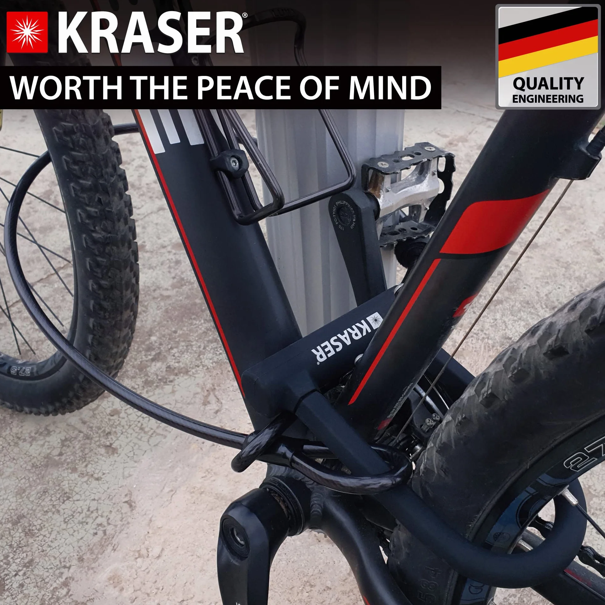 KRASER KR65145B Zapięcie Rowerowe Universalny Rower U-lock Blokada + Metalowa Elastyczne Kablowa 120cm + Uchwytem Montażowym