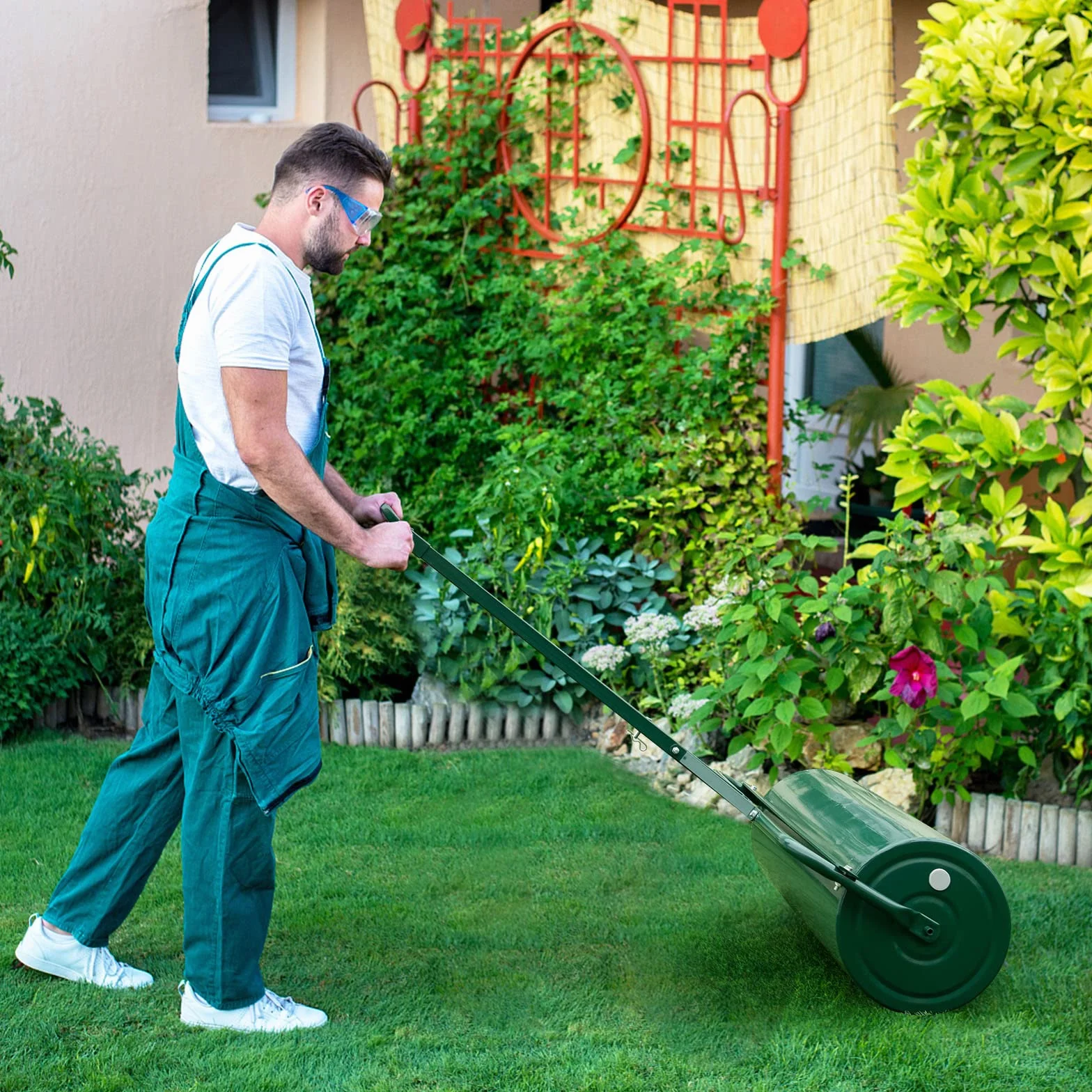 FANTASK Walec do trawy z metalu, średnica 30 cm, z uchwytem 63 l, bęben do dużych obciążeń, wałek do trawy napełniany wodą i piaskiem, wałek ogrodowy, bęben do trawy