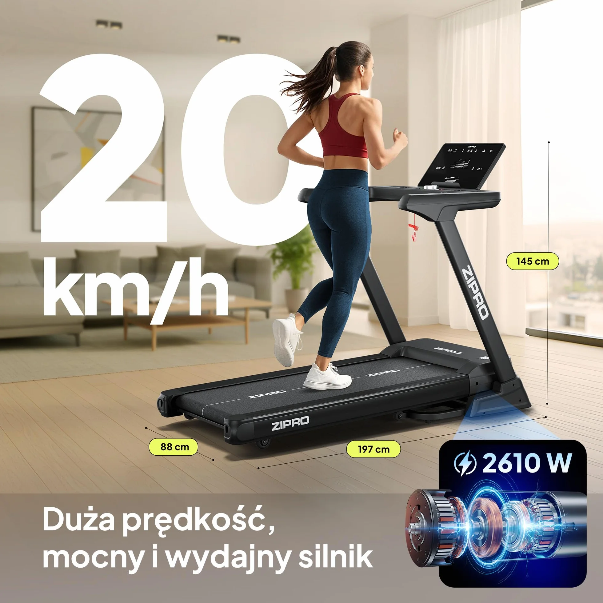 ZIPRO Sigma Bieżnia Elektryczna Składana 20 km/h Regulacja Nachylenia Amortyzacja Fitshow