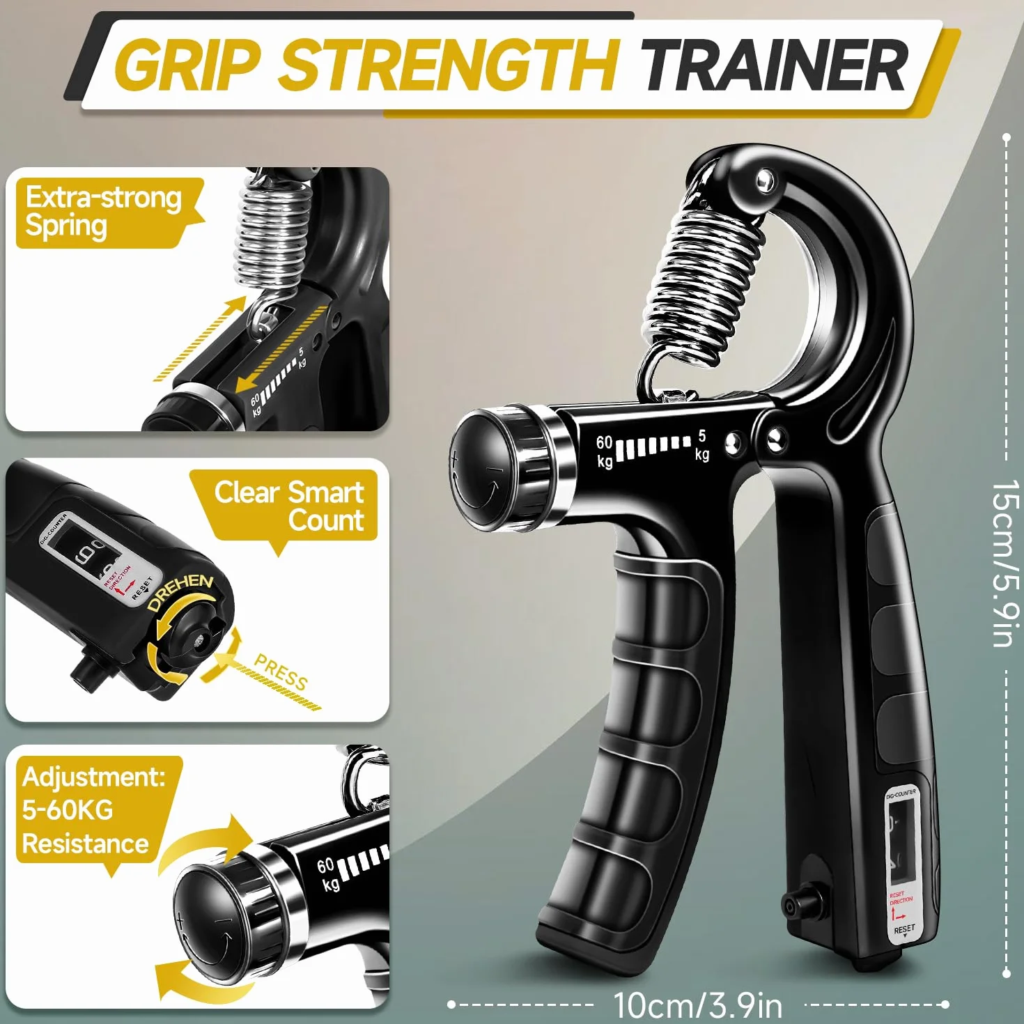 flintronic Zestaw do treningu rąk, trener przedramion z wbudowaną funkcją liczenia, regulowany opór 5-60 kg, trener palców do fitnessu, wspinaczki, treningu siłowego, rehabilitacji dłoni