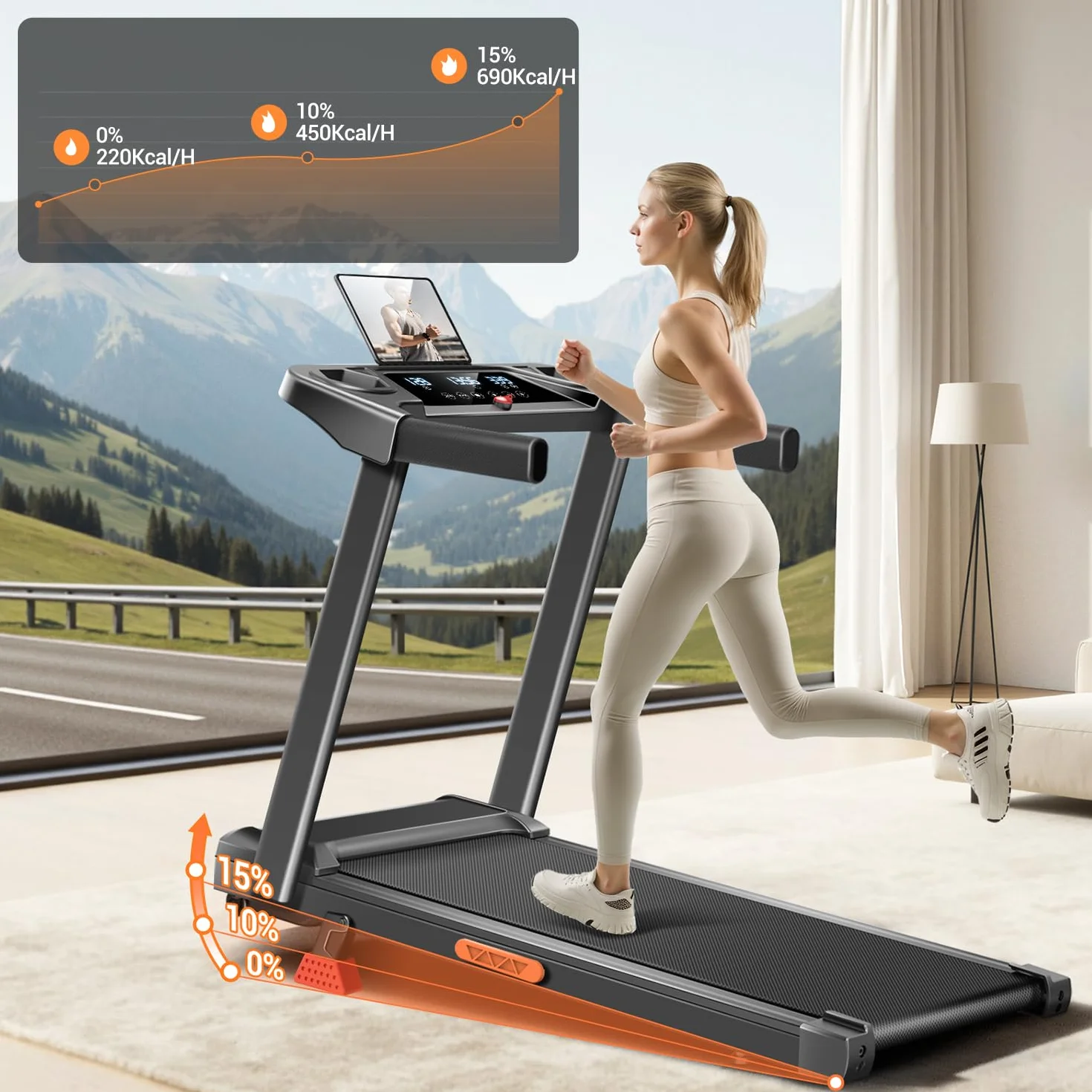 Cursor bieżnia do domu z nachyleniem 15%, 12 km/h, bieżnia Treadmill do domu z uchwytem, maksymalne obciążenie 136 kg
