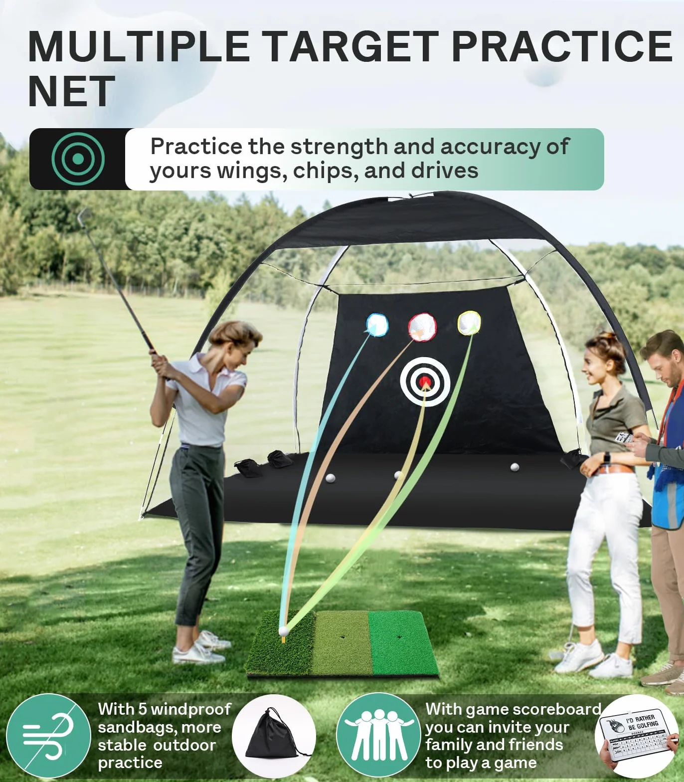 Siatka golfowa 3 x 2 m ze składaną matą Tri-Turf, zestaw treningowy z tablicą wyników