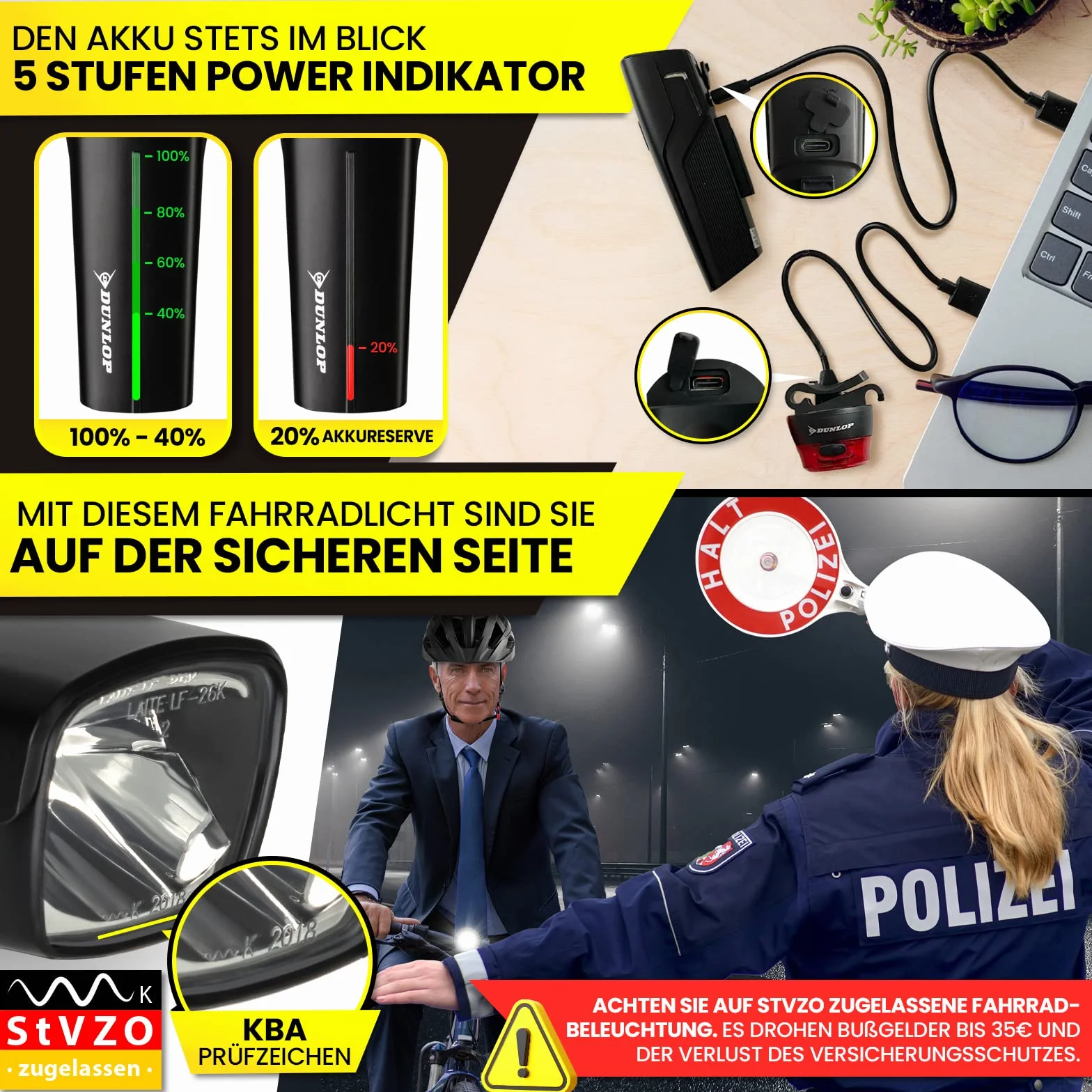 DUNLOP OSRAM zestaw świateł rowerowych LED przednia i tylna, czarny