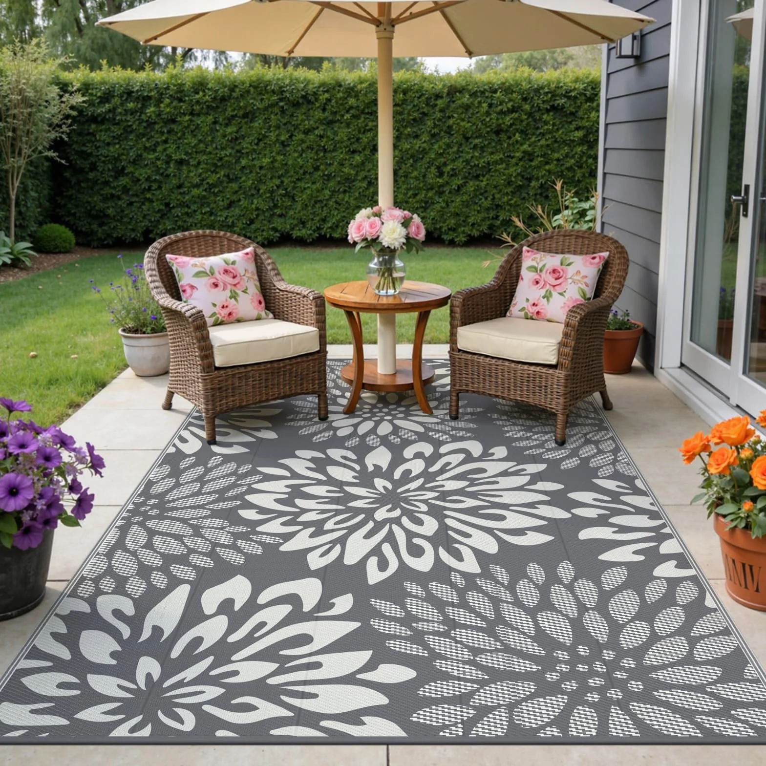 SHACOS Dywan zewnętrzny 180 x 270 cm Duży Dwustronny, Dywany Ogrodowe Wodoodporne Patio Odporne na UV Lekkie, z Plastikowej Słomki Mata Zewnętrzna na Patio Balkon Kemping Podwórko Plażę, Liść, Szary