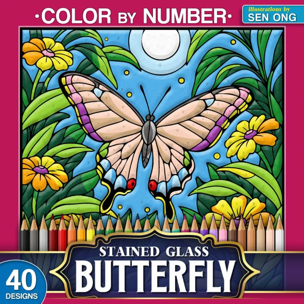 Beautiful Butterflies Stained Glass Color by Number: 40 Intricate Designs for Nature Lovers