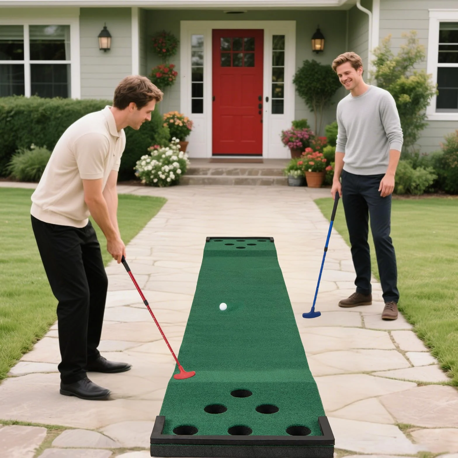 COSTWAY Mata do gry w golfa 332 x 50 cm, putting green z 2 regulowanymi kijkami do puttingu, 6 piłkami i 12 osłonami otworów, przenośna mata golfowa do użytku wewnątrz i na zewnątrz, mata do ćwiczeń
