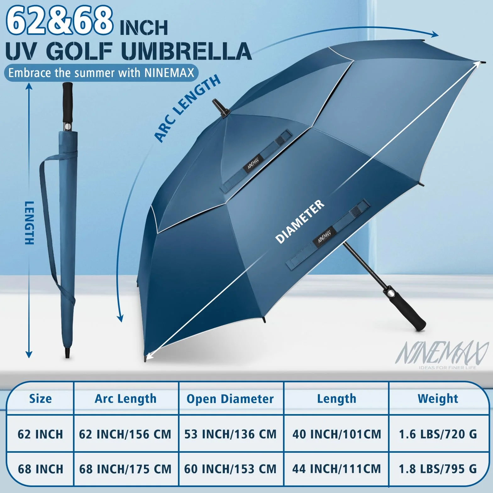 NINEMAX Parasol golfowy 156/175 cm UV Ochrona XL/XXL Wiatroszczelny Automatyczne Otwieranie
