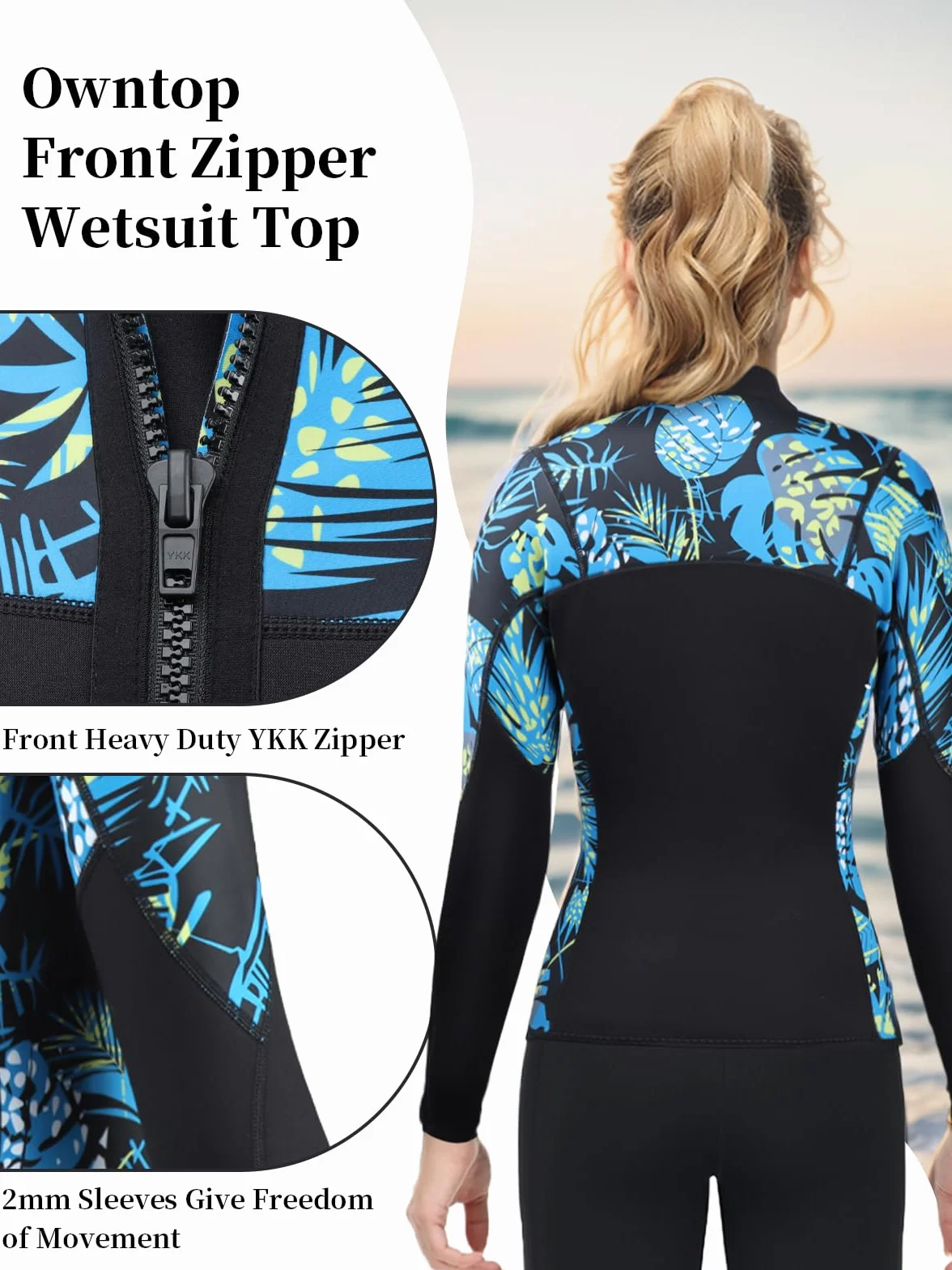 Owntop Kurtka z Mokradła dla Mężczyzn/Kobiet - 2mm Neoprenowa Wetsuit Top z Długim Rękawem z Przodu na Zamek do Nurkowania Surfingu Snorkelingu Pływania