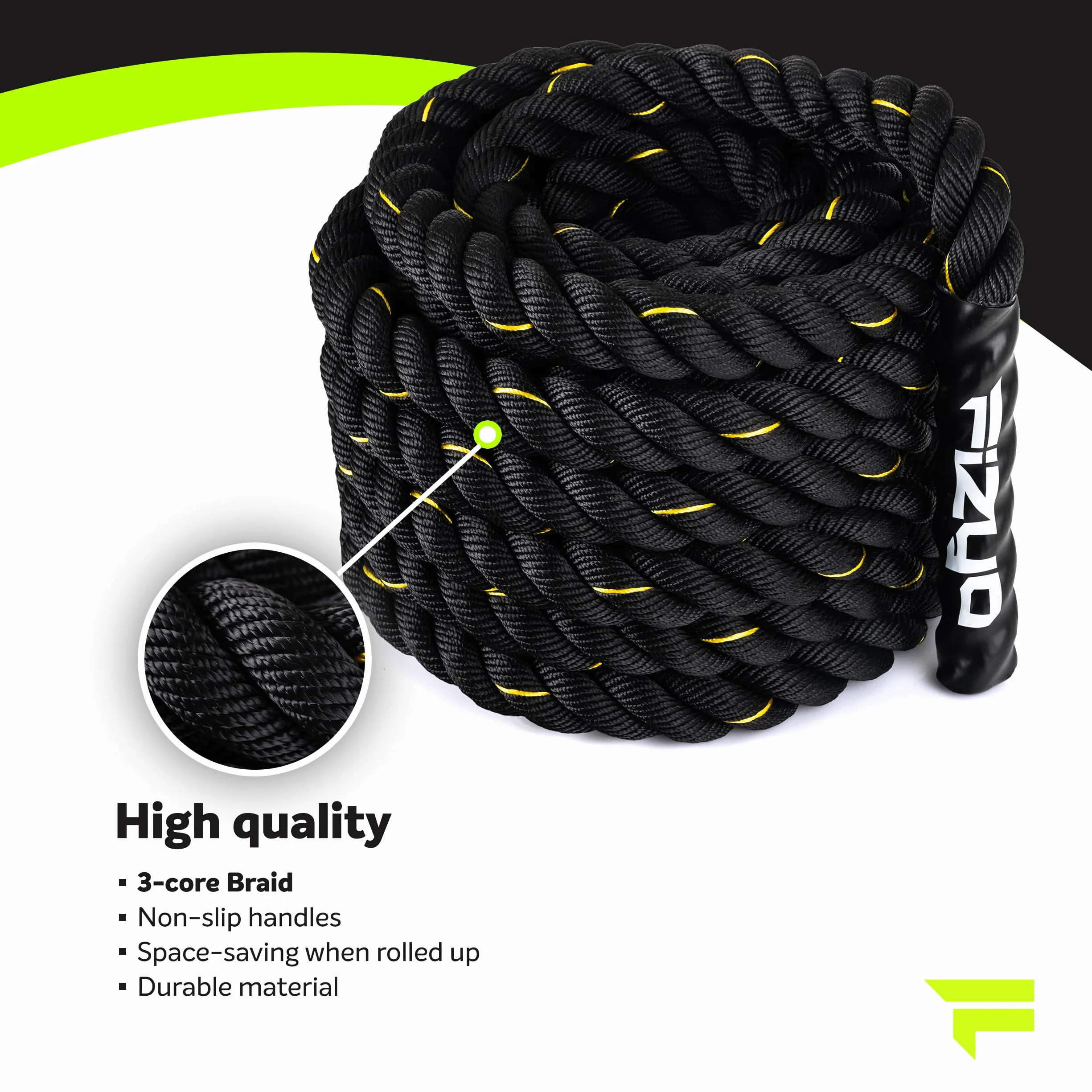 Fizyo Profesjonalna Lina Treningowa z Powlekanymi Końcówkami 9m - Battle Rope do Treningu Funkcjonalnego, Siłowego, Wytrzymałościowego i Koordynacyjnego, Uderzeniowa Lina Zamachowa do Ćwiczeń