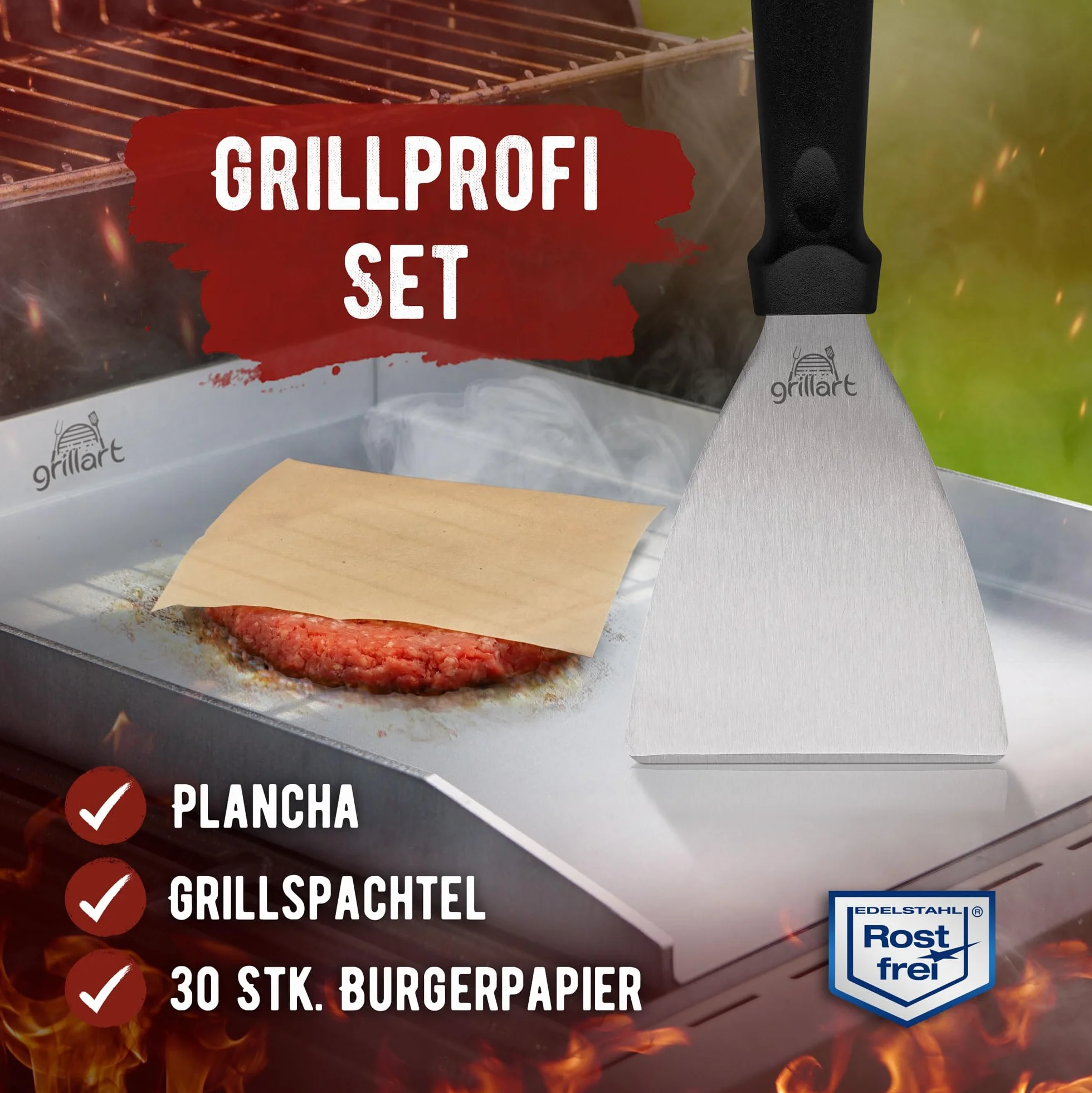 grillart® Premium Plancha grillowa z szpachelką do grilla z masywnej stali nierdzewnej 4 mm, rozmiar uniwersalny 30 x 40 cm, nadaje się do kuchenek indukcyjnych - mycie w