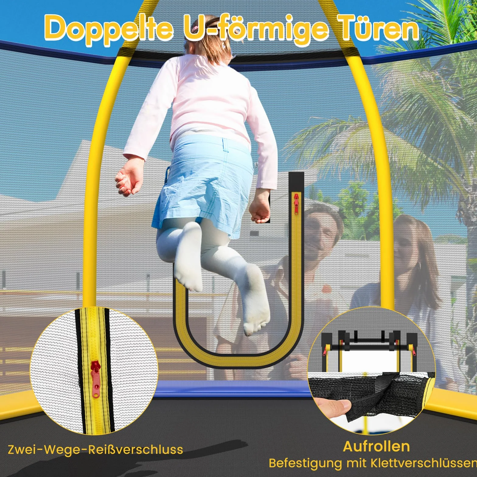COSTWAY φ223 cm trampolina ogrodowa ze zjeżdżalnią, trampolina zewnętrzna do 270 kg, trampolina dziecięca z drabinką, siatką zabezpieczającą, osłoną krawędzi i piłkami oceanicznymi, dla 3+ lat