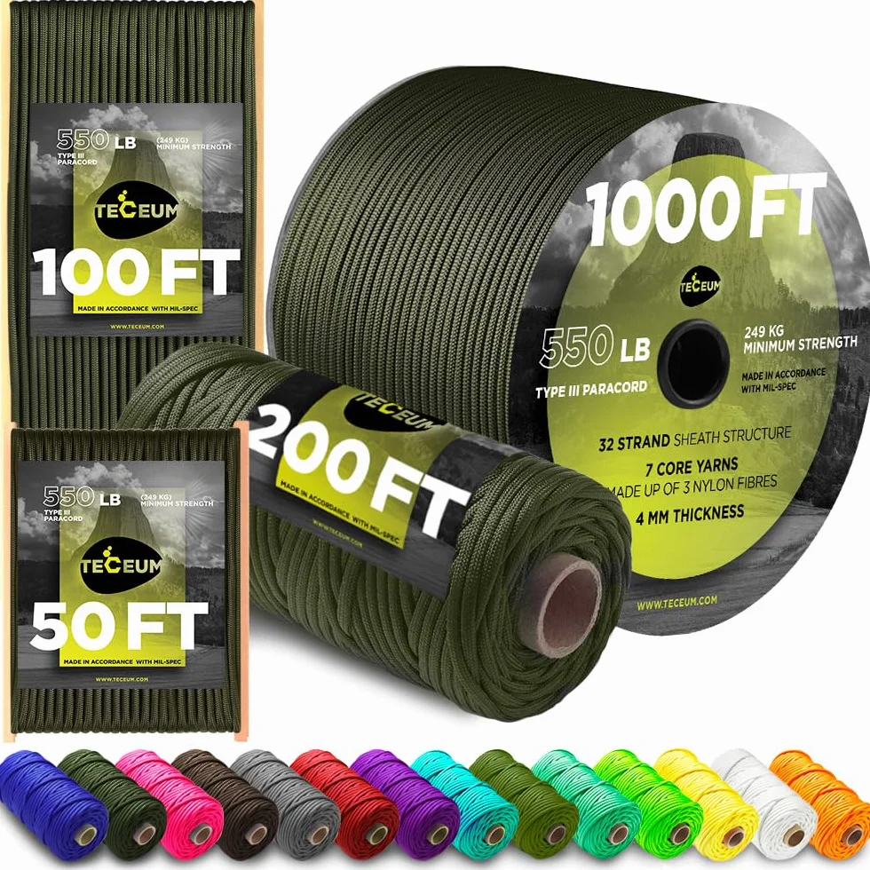 TECEUM Paracord typ III 550 zielony wojskowy 15 m 4 mm lina taktyczna MIL-SPEC survivalowa