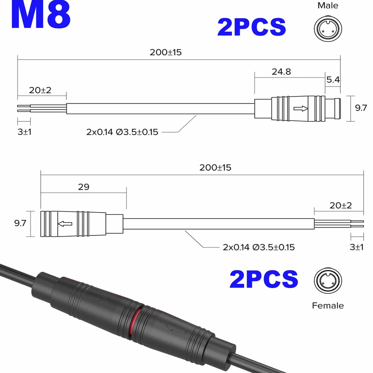 RUNCCI-YUN 2 pary 2 pary 2-pinowy wodoodporny przedłużacz do roweru elektrycznego, gniazdo kabla żeńskiego i męskiego, złącze kablowe 2-pinowe do oświetlenia roweru elektrycznego, projekty rowerowe