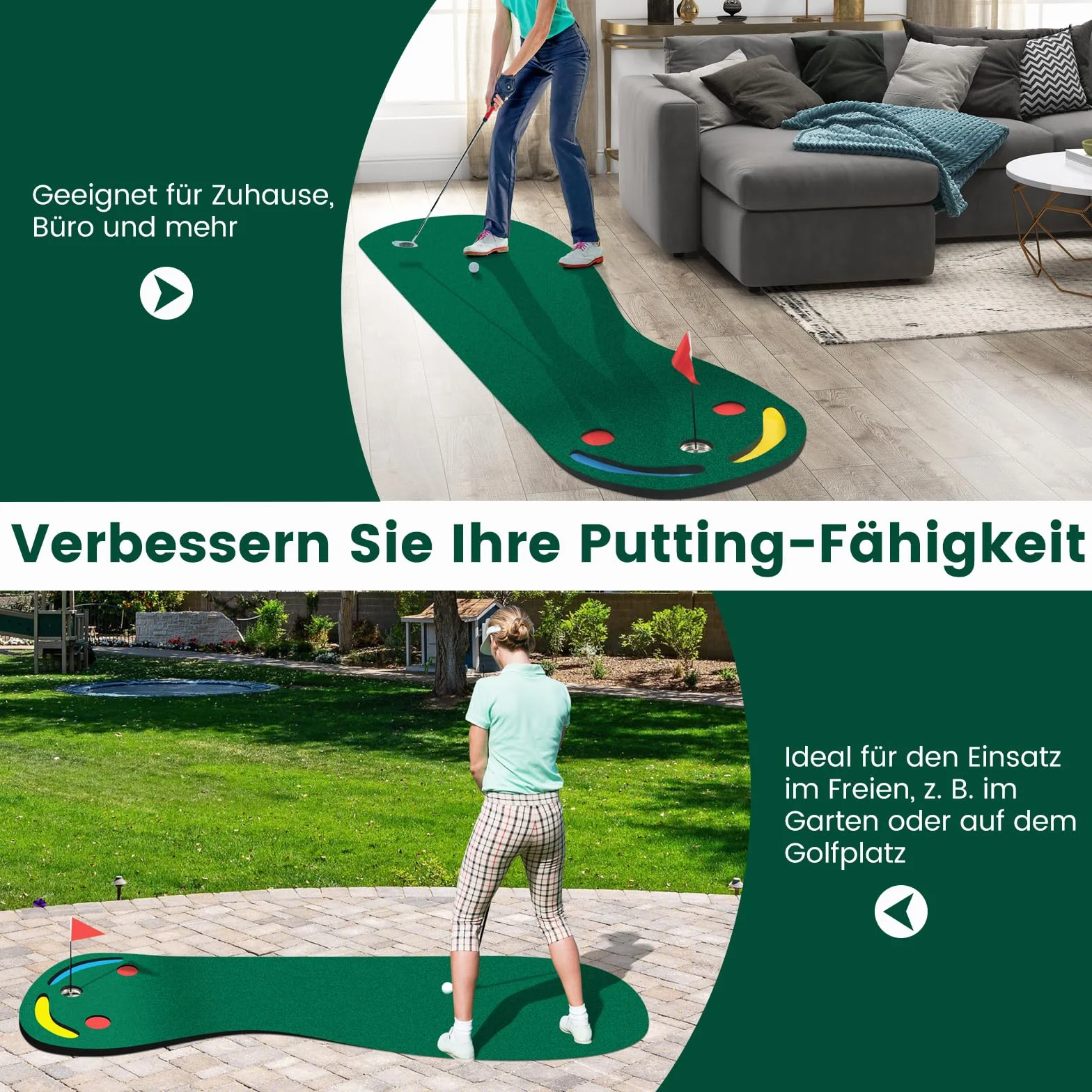 COSTWAY Mata do gry w golfa 300 x 96 cm składana z 3 miseczkami i 1 flagą zielona treningowa
