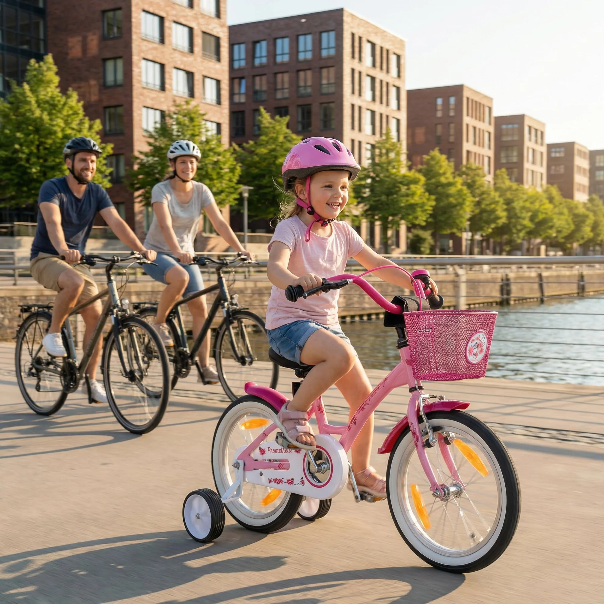 PROMETHEUS BICYCLES rower dziecięcy 16 cali dla dziewczynki z kółkami treningowymi hamulec nożny różowy