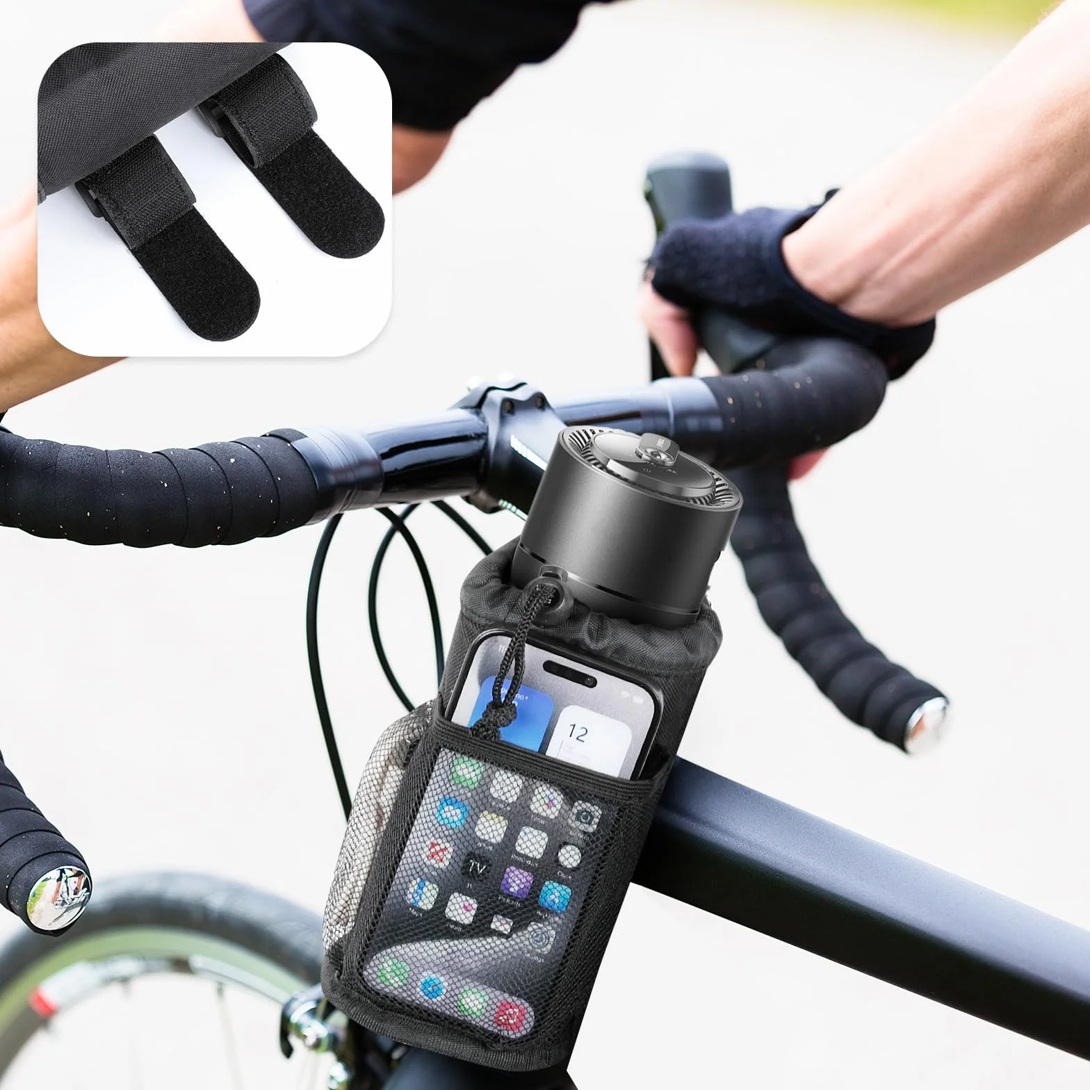 AiQInu Uchwyt na butelkę rowerową, stojak na bidon Oxford bez śrub, przenośny uchwyt na butelkę MTB z kieszenią z siatki z przodu, do wózków dziecięcych, wózków inwalidzkich, skuterów i terenowych itp