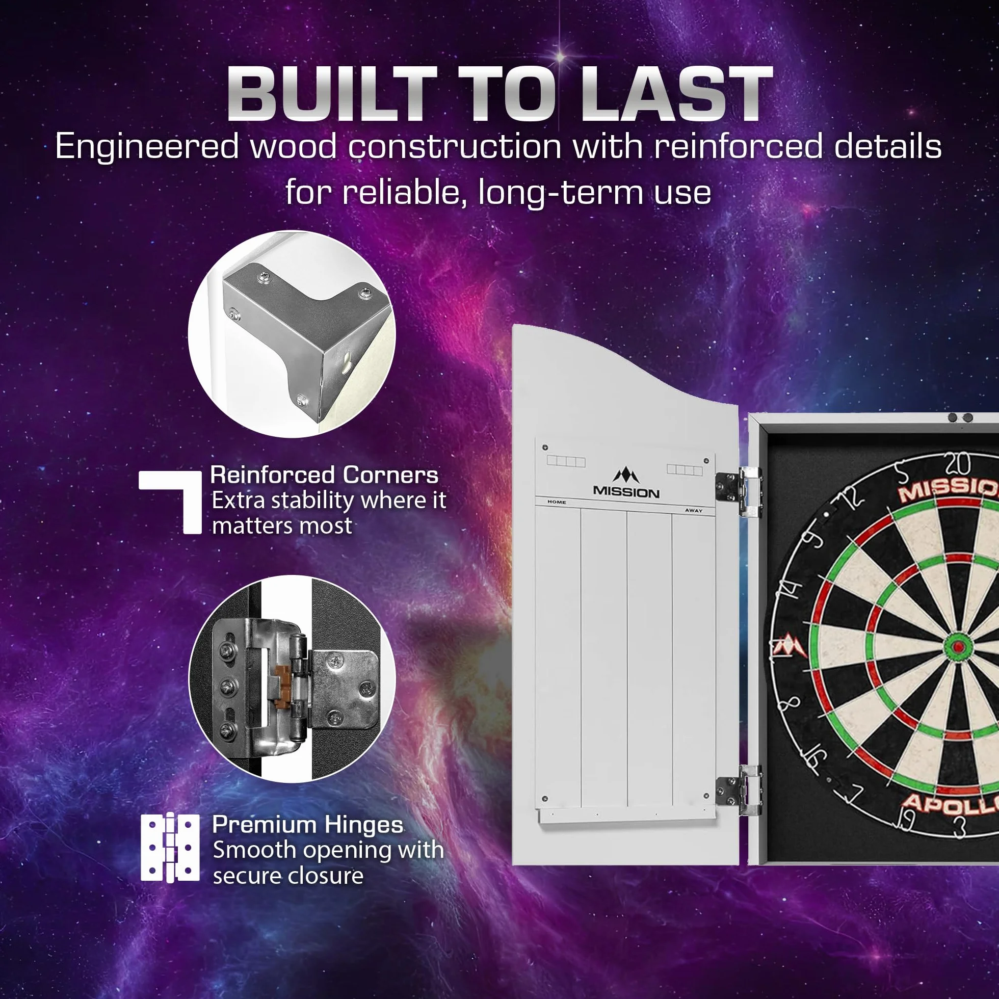 Mission Darts CAB011 | Deluxe wytrzymała szafka do darta z tablicami markerowymi, biała