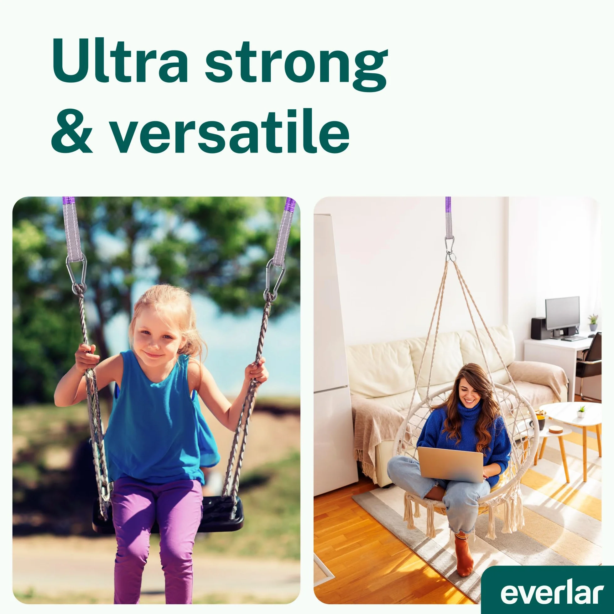 EverStraps uchwyt na huśtawkę, 2 x 1000 kg, 1 m, bardzo wytrzymały, do huśtawek na drzewie, do mocowania hamaka, zawieszenia huśtawki, zawieszenia fotela wiszącego, pasa drzewnego