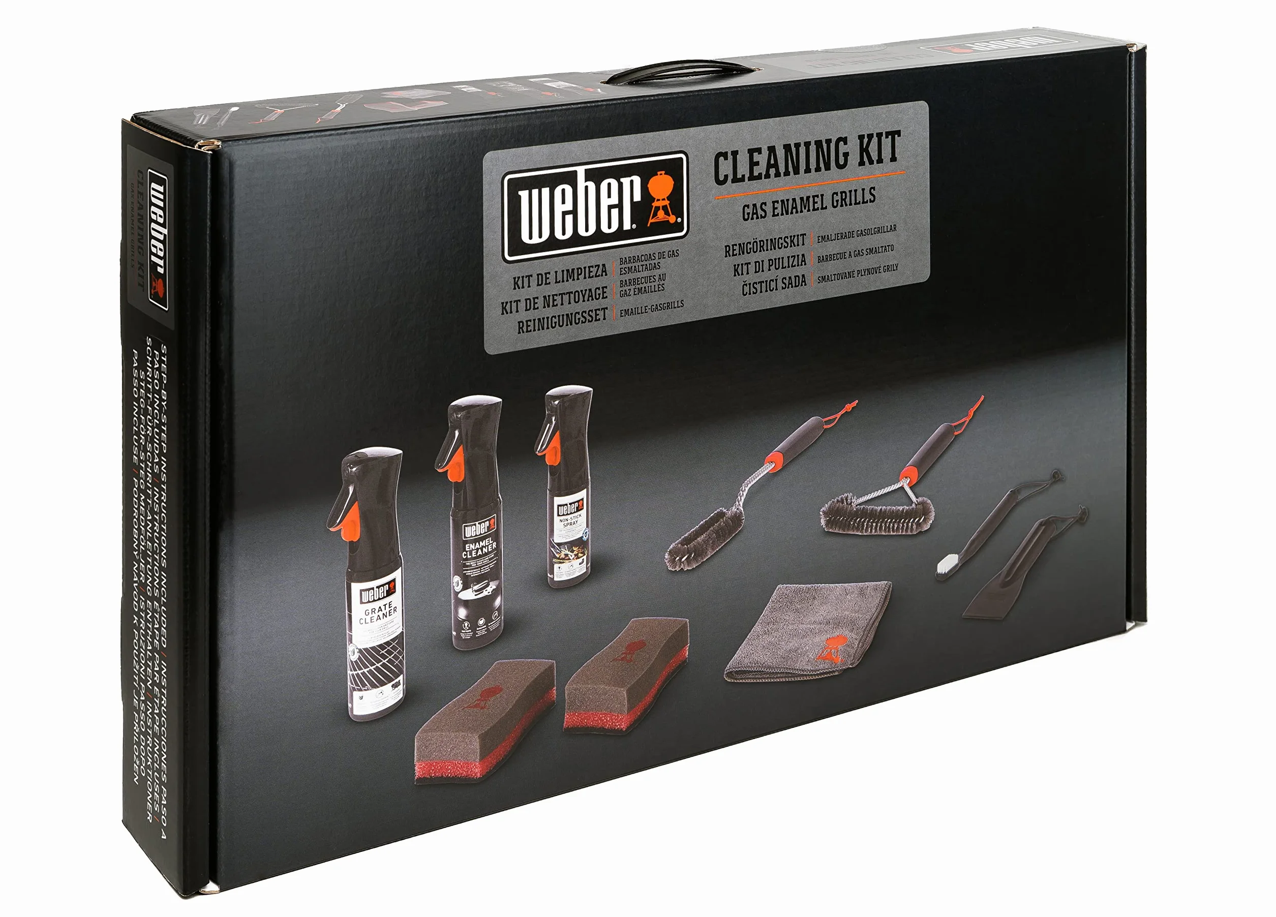 Weber Zestaw Czyszczenia Grili Emaliowanych, z: 3 Szczotki do Grilla, Środek do Czyszczenia Rusztu i Emalii, Spray Antyprzywierający, Ścierka Mikrofibrowa, Skrobaczka, 2 Gąbki do Czyszczenia (18284)