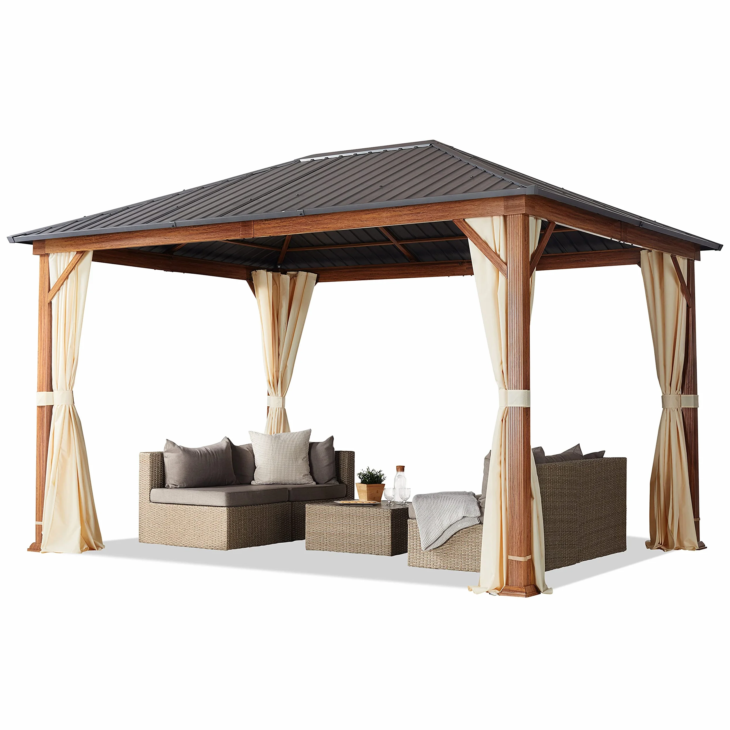 Pawilon ogrodowy 3x4 m w optyce drewna, dach stalowy hardtop 4 ściany boczne w kolorze szampańskim