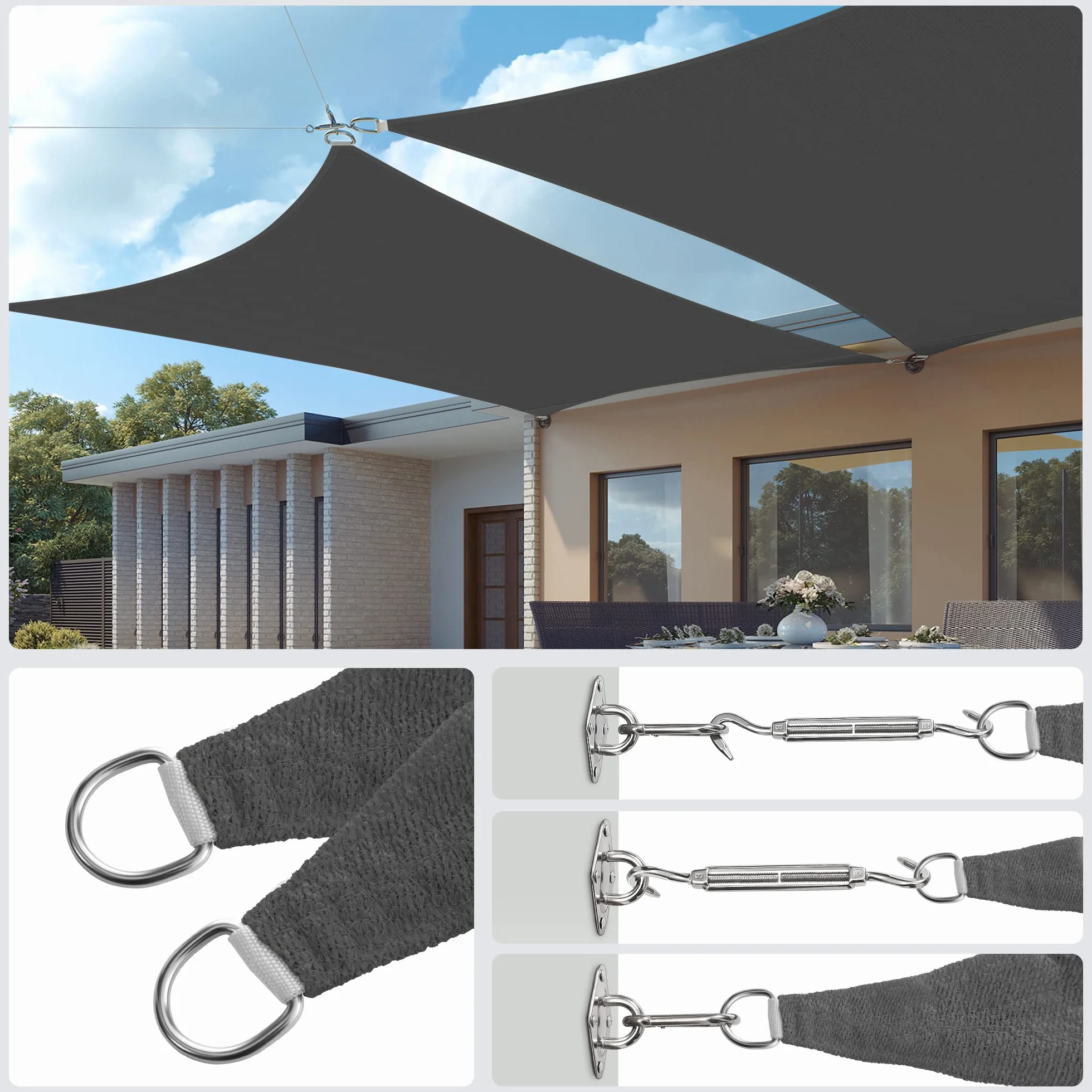 SONGMICS Żagiel przeciwsłoneczny 3 x 5 m, ochrona przed słońcem z tkaniny HDPE, przepuszczająca powietrze, przepuszczająca wodę, na taras, do ogrodu, na balkon, kemping, prostokątny, wklęsły, 2 m