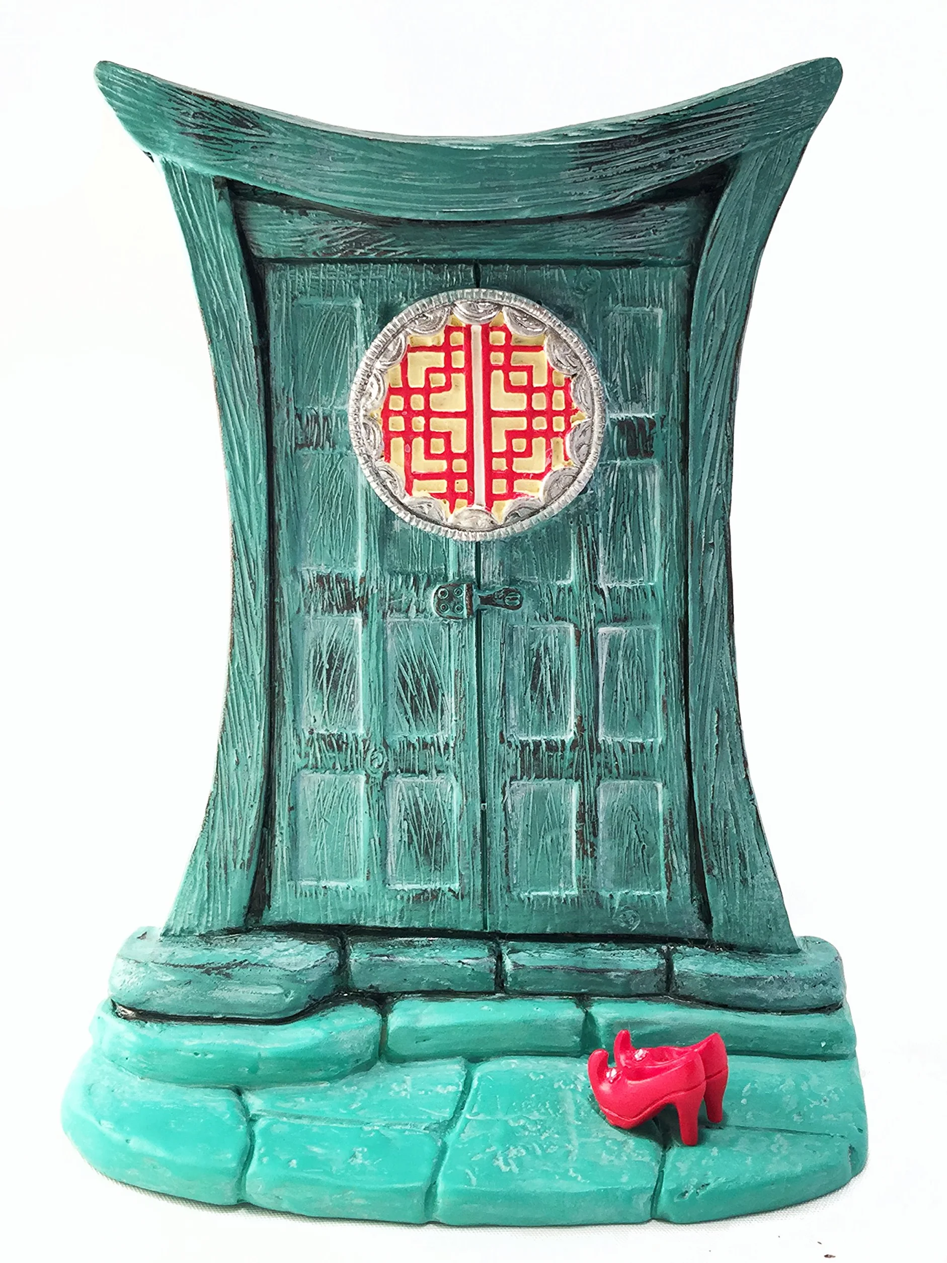 Miniaturowe drzwi wróżki zen do miniaturowych wróżek ogrodowych i krasnali - piękne turkusowe miniaturowe drzwi w stylu azjatyckim ze zdejmowanymi czerwonymi butami wróżki