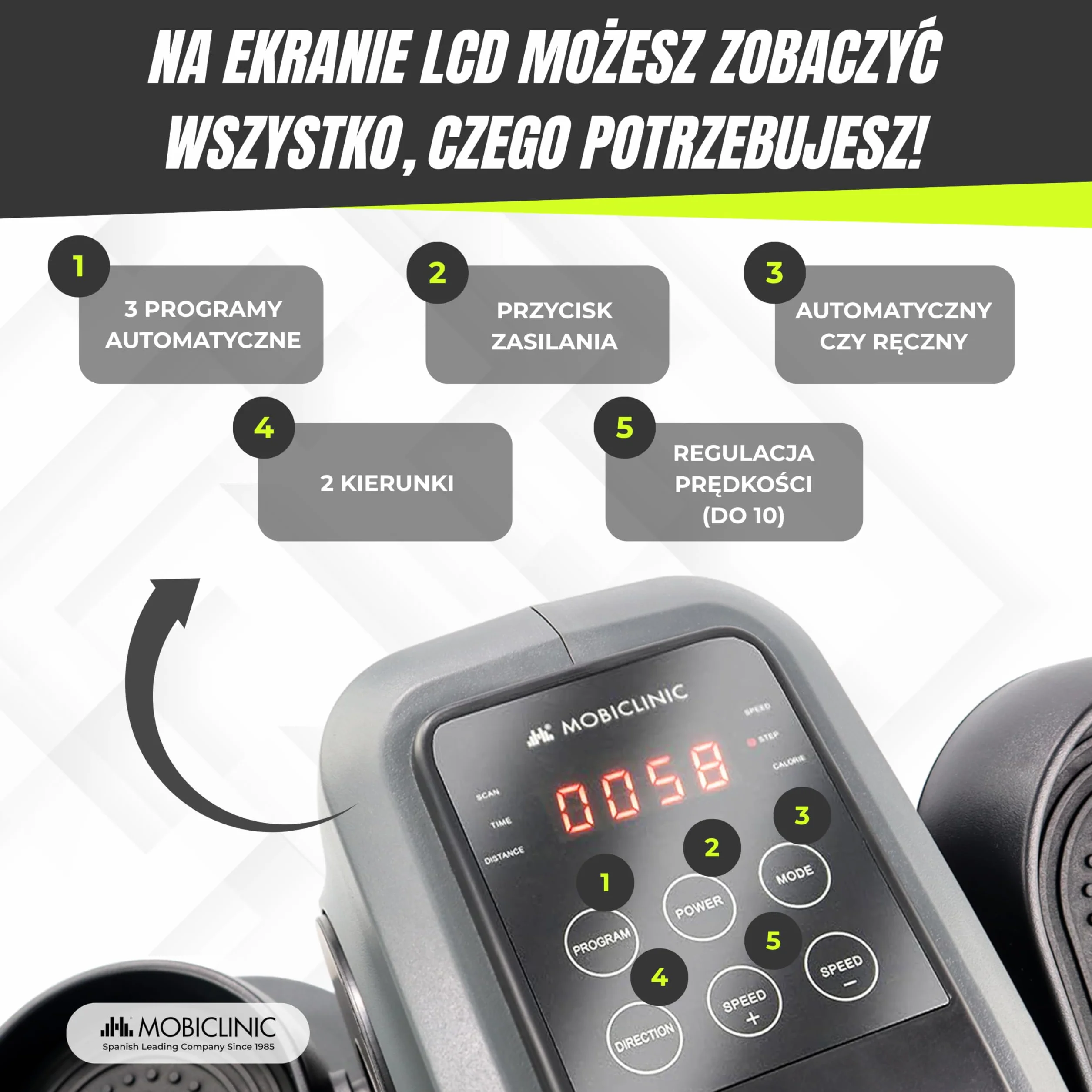 Mobiclinic Pedały Statyczne Elektryczne 10 Prędkości 3 Programy 60W Regulowany Opór Wyświetlacz LCD