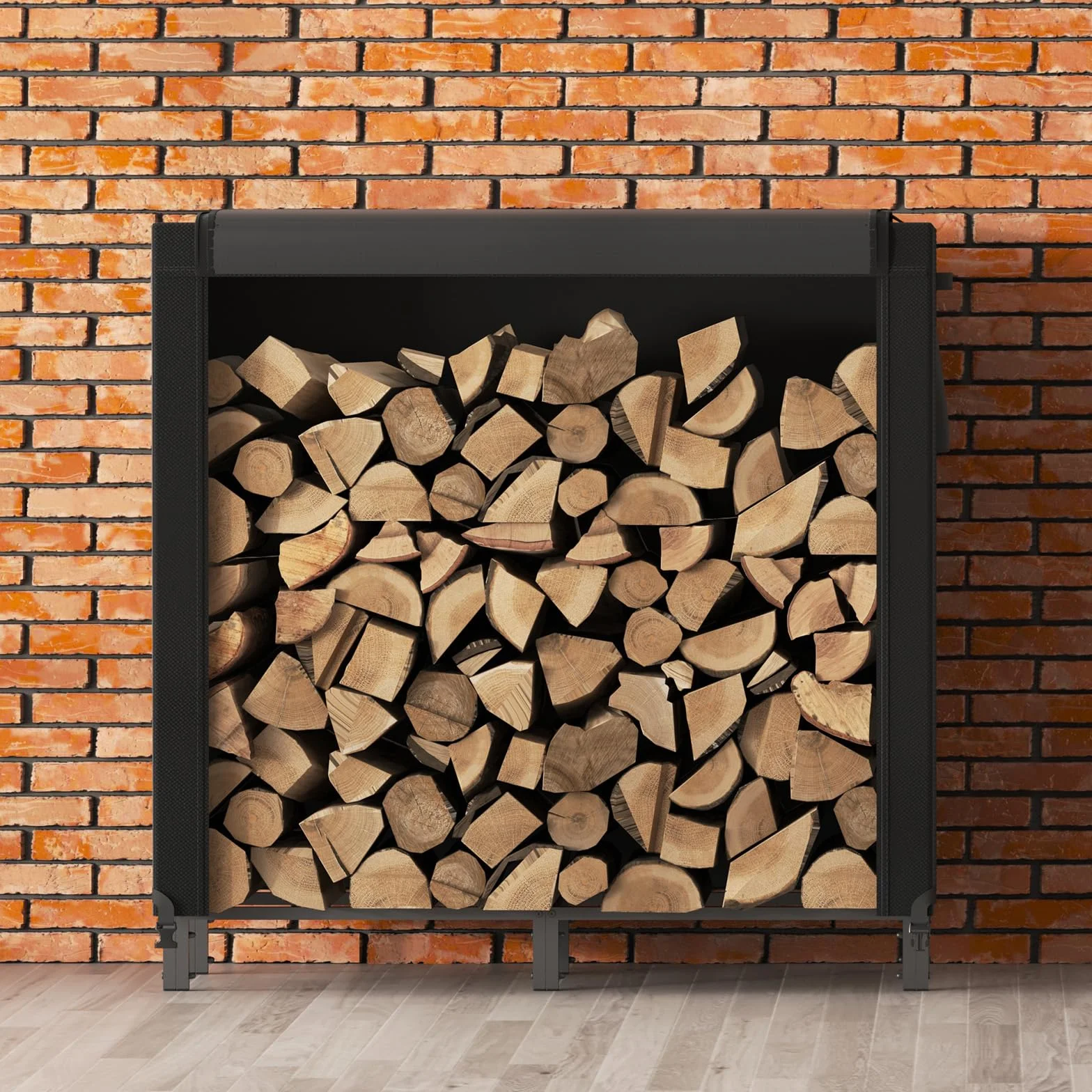 Lifewhite Drewniane Pudełko do Przechowywania Wewnątrz, 122 × 58,5 × 122 cm Drewna Opałowego na Zewnątrz z Wodoodporną Pokrywą Boczna Kieszeń do Wnętrz i na Zewnątrz, Czarna